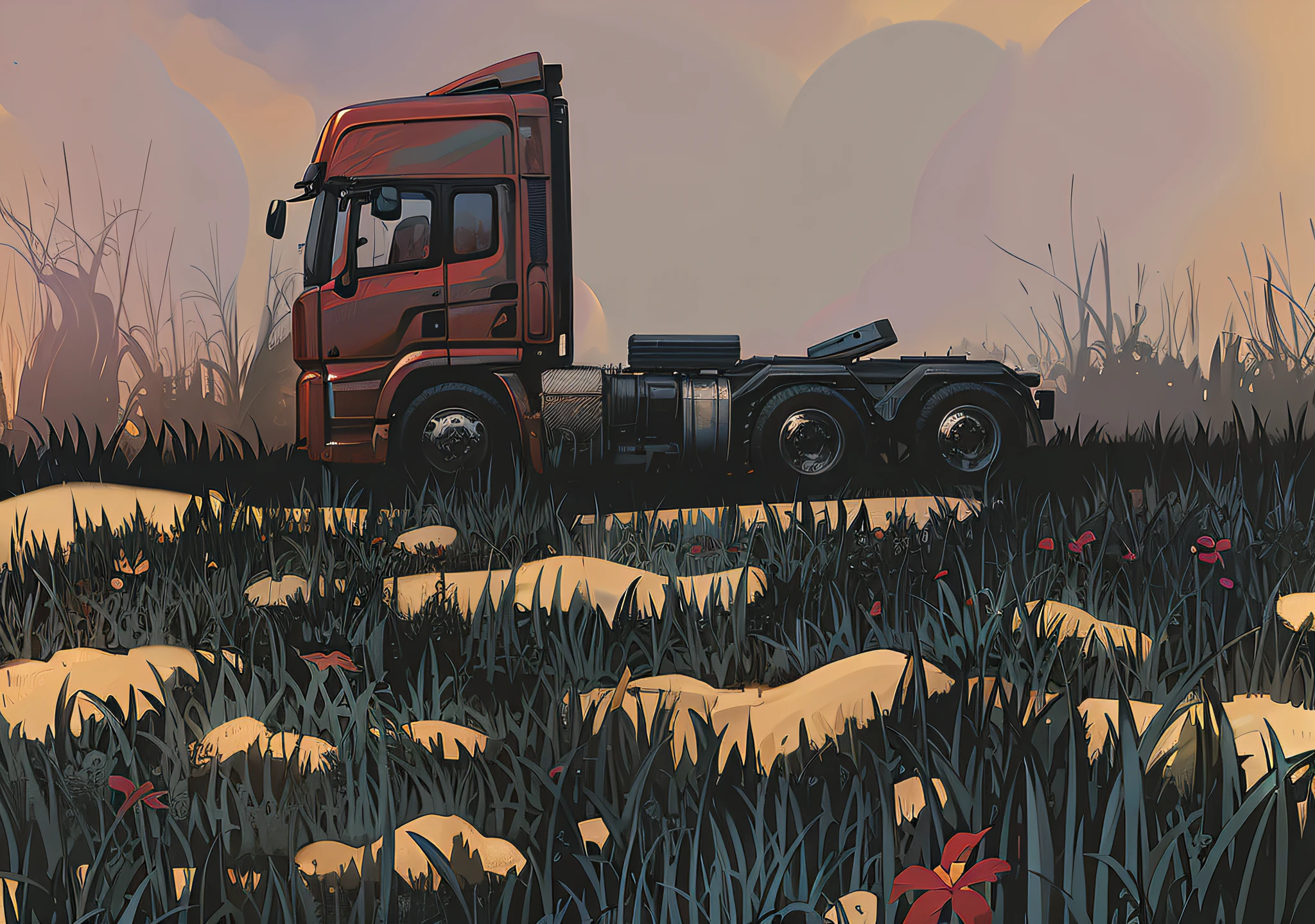 there is a truck that is parked in the grass, desolate. digital illustration, low detailed. digital painting, truck, digital painted, detailed 2d illustration, in style of digital illustration, stylized digital illustration, background artwork, digitally painted, very detailed digital painting, vehicle illustration, detailed digital illustration, stefan koidl inspired, by Craig Thompson, 4 0 k
