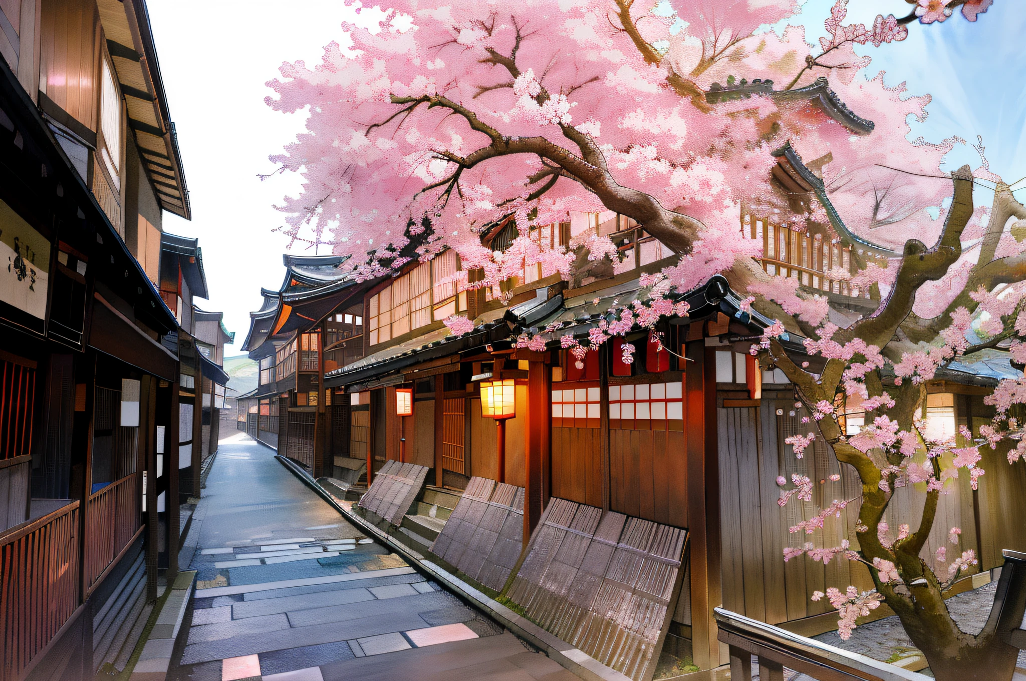 There is a tree blooming in the middle of the narrow street, Kyoto Japanese setting, Kyoto, Kyoto inspiration, ryokan and Edo period houses, Japanese streets, Japanese travel and tourism, Japanese ancient architecture such as Kyoto, cherry blossom season dynamic lighting, Japanese town, cherry blossom season, Japan more in-depth travel exploration, cherry blossoms, lush cherry blossom trees, けもの (Japanese manga)