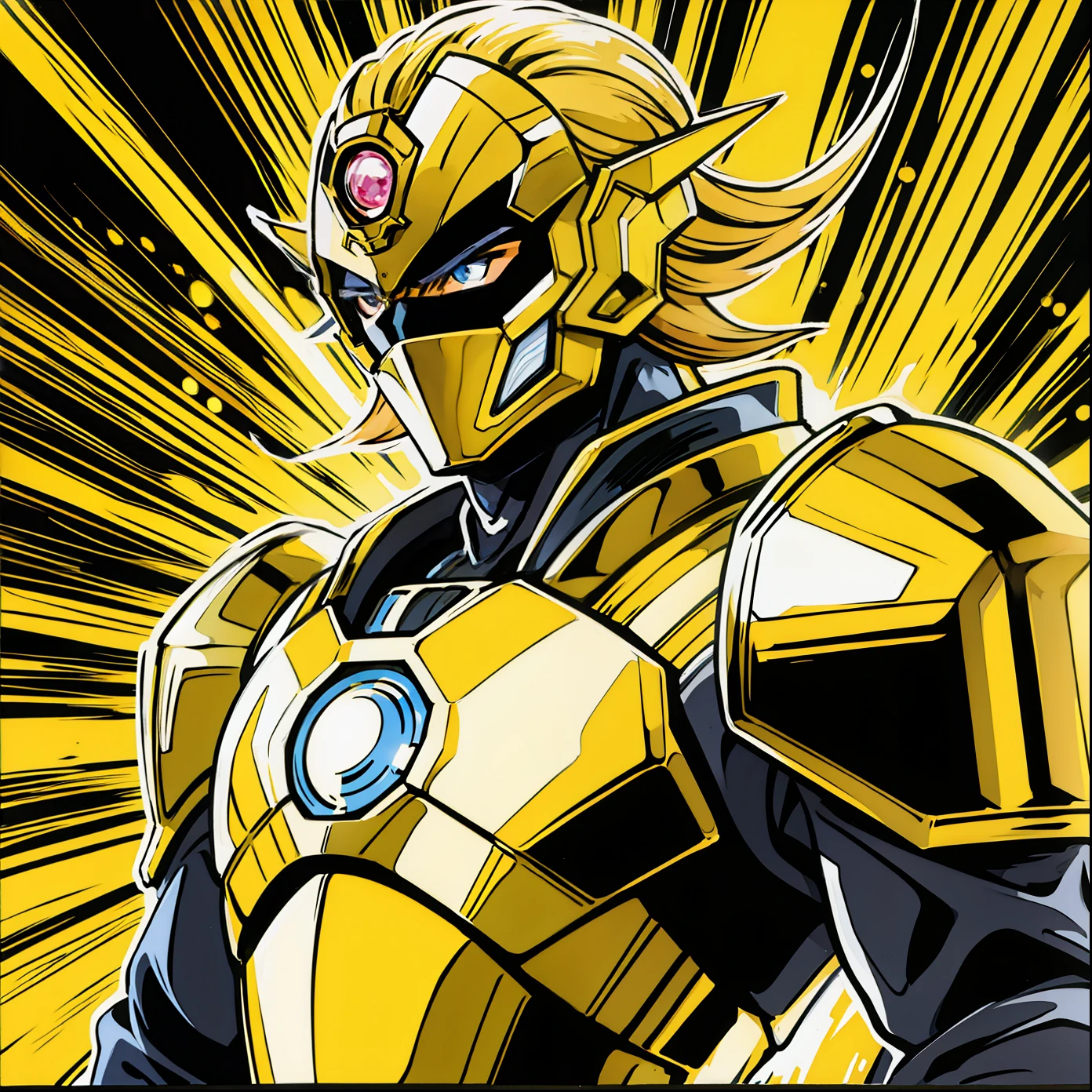 photograph of a man anime, golden manga, black background, with futuristic armor