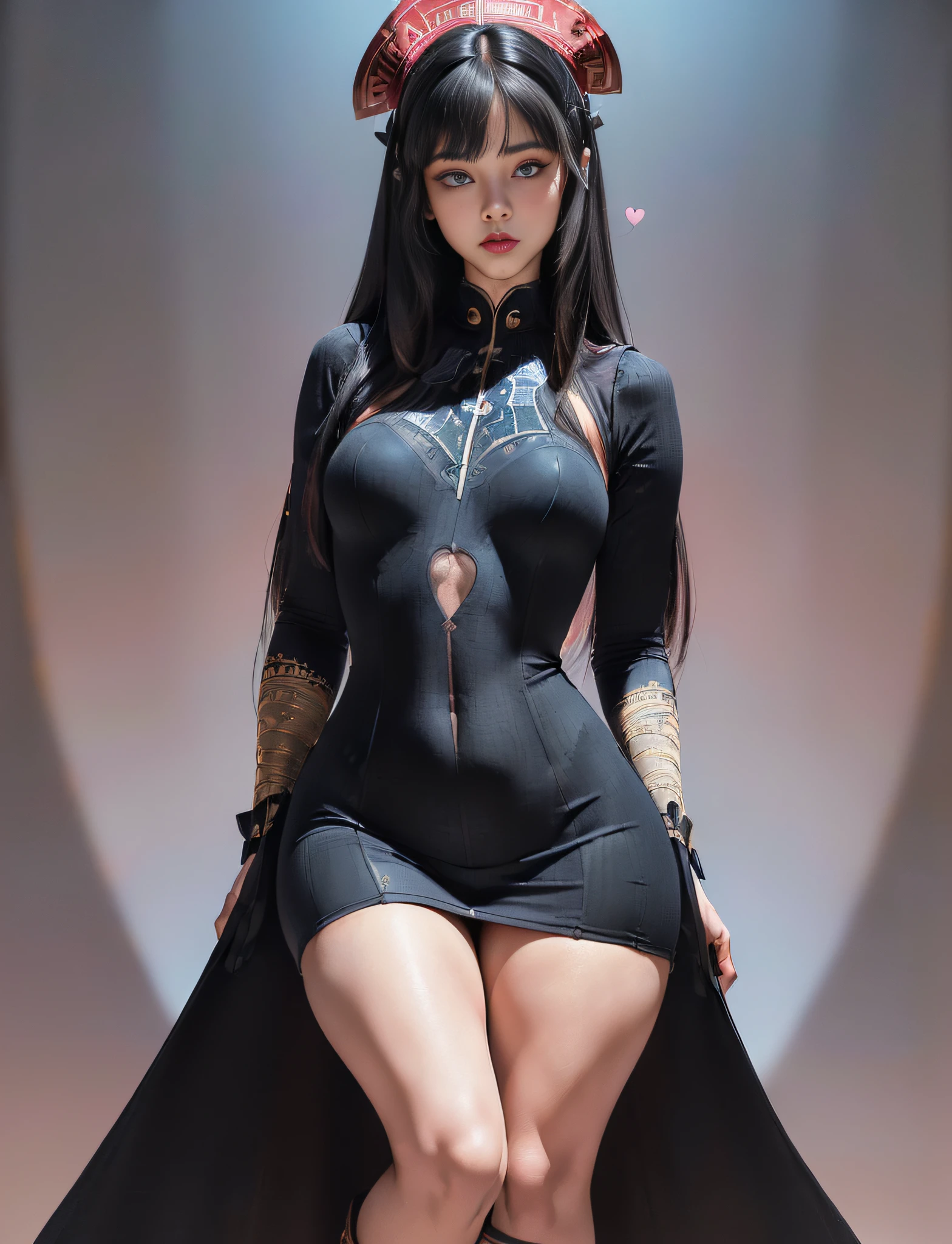 very detailed RAW color photo, (((1 girl))), (((alone))), (((30 years))), (((athletic)), (((very detailed perfect body))), (((small and defined breasts))), (((ultra defined curves))), (((superior quality, 8k, masterpiece: 1.3)), sharp focus: 1.2, (((extremely beautiful girl with perfect figure: 1.4))), ((very thin waist: 1.2)), ultra detailed skin texture, ((smooth and soft skin)), ultra detailed fabric texture, Extremely beautiful face ultra detailed, (((extremely beautiful))), intricate details, ultra detailed, (((girl wearing a short military dress))), ((((extra long straight black hair))), extremely beautiful, (((extra long mane with bangs))), (hair on the face), ((hair ribbon)), dynamic pose, ((the dress leaves the thighs exposed)), ((ultra detailed legs)), (((ultra detailed waist))), (((very wide hips))), (((very thick thighs))), (sexy), (((extreme hourglass figure))), (((very thick heart lips))), ((red lipstick)), ultra-detailed lips, (ultra-detailed blue eyes), ((angry look)), (((staring at the viewer))), ultra-detailed provocative mouth, extremely beautiful seductive lips, ((blushing)), (makeup), (((ultra-defined waist))), eye shadow, (full body shot), (military boots)