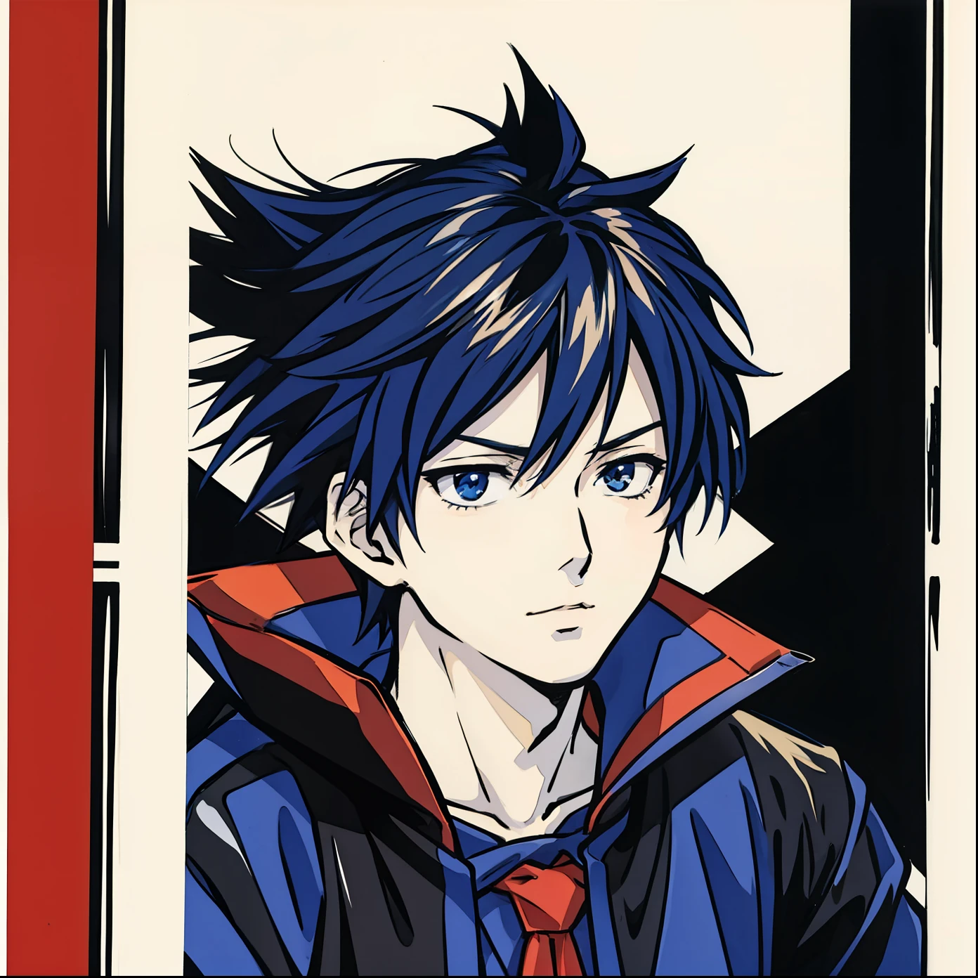 photograph of a male anime, red and blue manga, black background