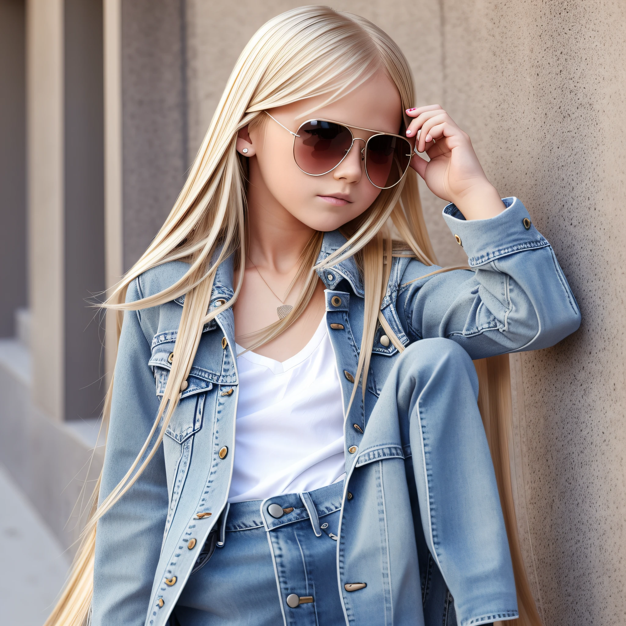 10 year old blonde girl long and straight hair with fashion sunglasses. and fashion jeans, photorealistic clothing. --auto --s2