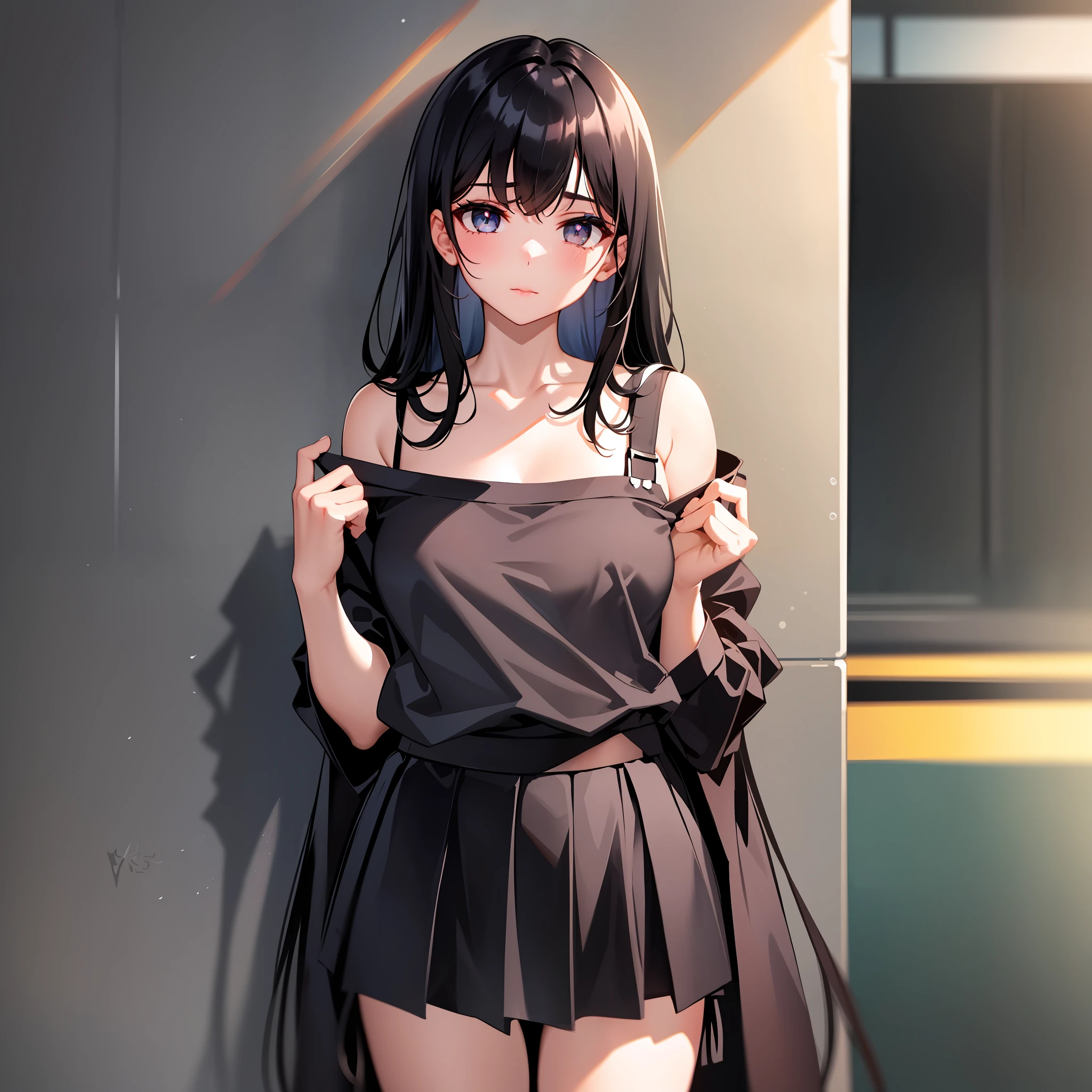 1 girl, black hair, hair to shoulders, standing, legs crossed, oversized shirt, beautiful face, delicate eyes, close to camera, skirt, no bra, small breasts, simple mouth, girl wearing oversized shirt, you can see her breasts through her shirt, (lift black skirt 1.3)