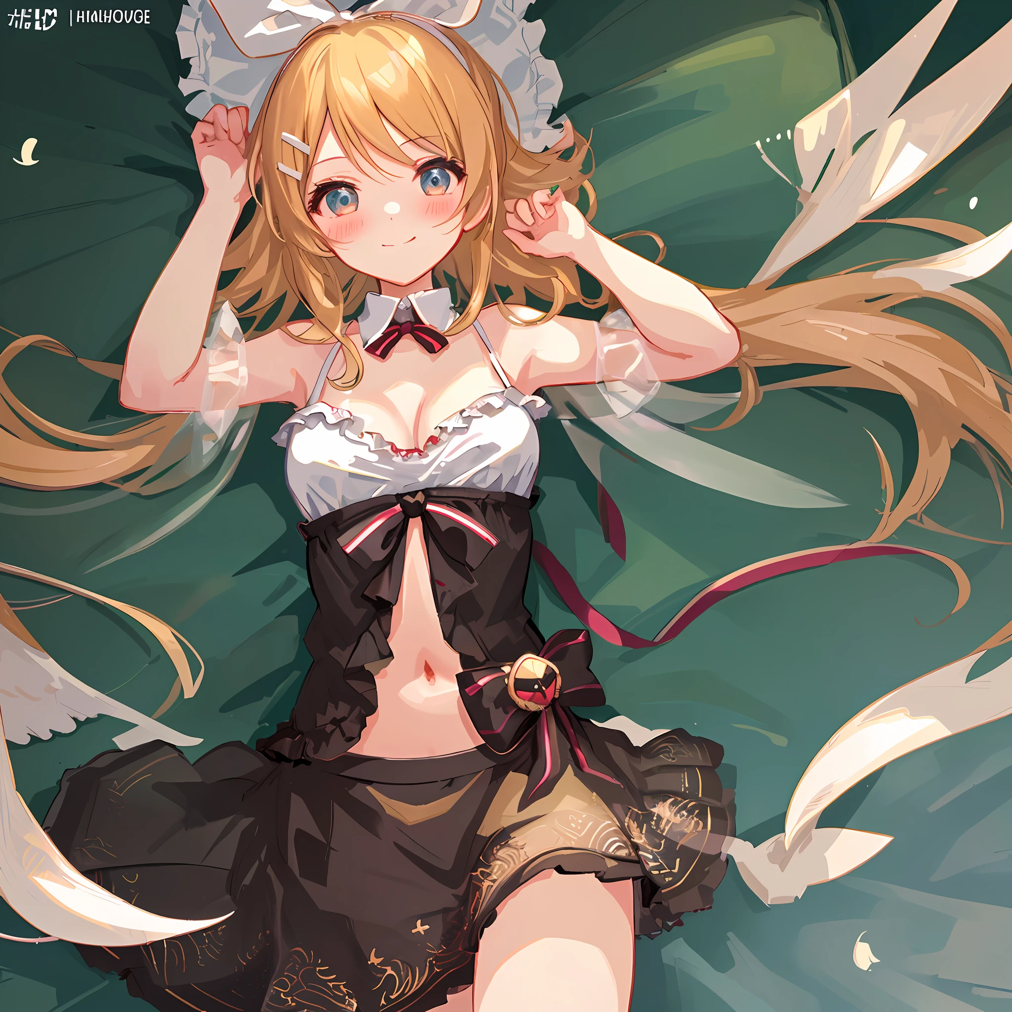 (((Masterpiece)))), (((Best Quality)))), (Illustration)))), (Ultra Detail)))), (High Definition)))), Girl, (Kagamine Rin), On the Bed, (Blush), (Embarrassing)), Cowboy Shot, Look at Viewer, (Lying on Your Back), (White Bikini), Cute, Ecchi Anime Style, Medium, Popular on pixiv, Lori, Beautiful Girl Anime Style, Sexy Anime Style, Buruaka Style, See-through, Cleavage, Most Popular on pixiv, On Soft Plush Bed, Angel, Sleeveless, Navel Visible, Innocent Face, Pure White Wings, Character Center, Circle of Angels, One Girl, Official Fan Art, pixiv Best Works, Smile, pixiv Top Rating, Lover's POE, Incredibly cute, Adorable, Precious, lovely
