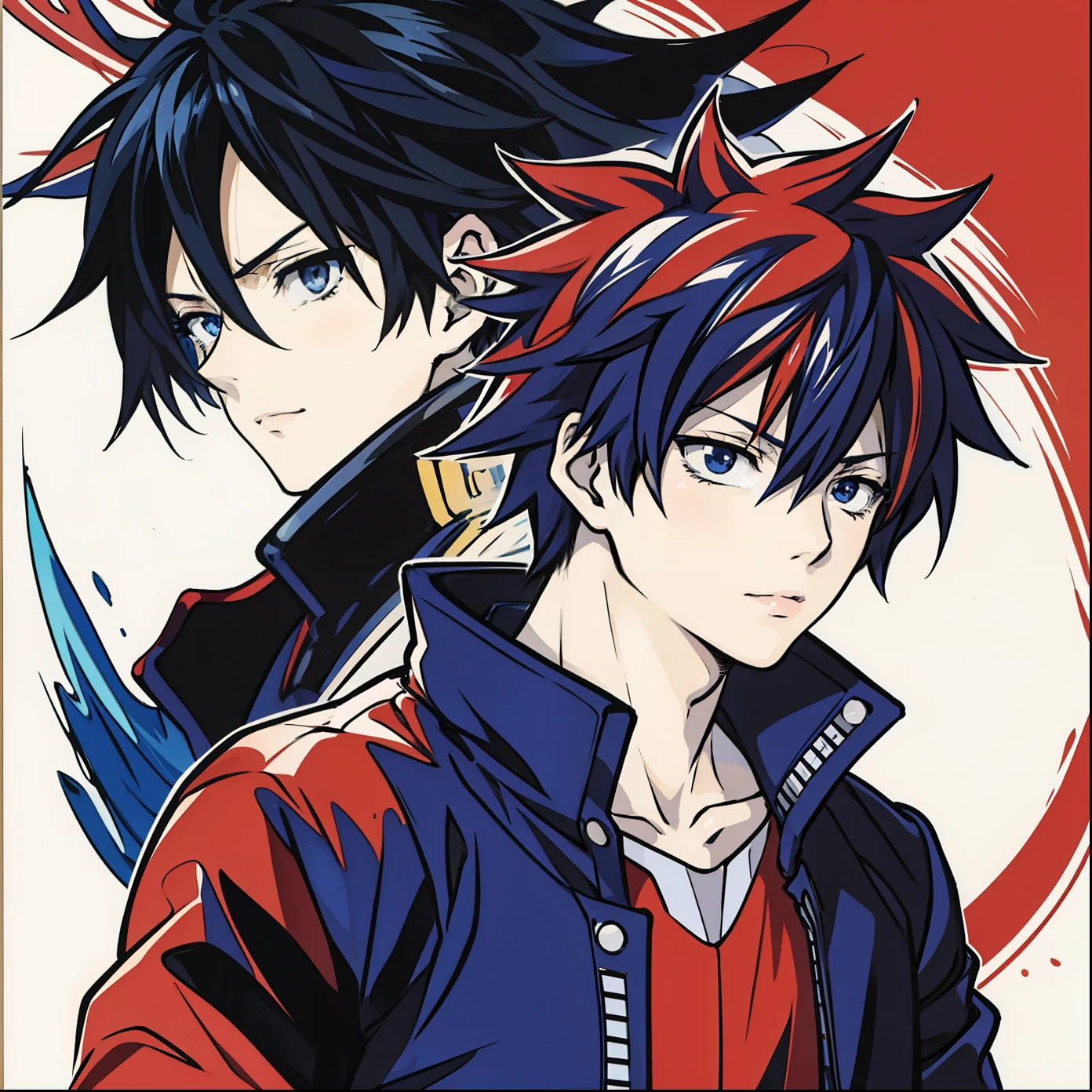 photograph of a male anime, red and blue manga, black background