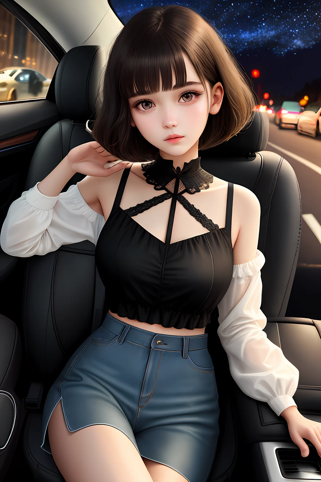 best quality, realistic, photorealistic, extremly detailed, an extremely delicate and beautiful, RAW photo, 
full body, a 15 years old girl, (driving a car, dark night:1.4), brown hair, brown eyes, smaller head, fashion girl, beautiful eyes, small breast,real face, real skin, realistic face, realistic skin, detailed eyes, detailed facial features,
detailed clothes features, (fashion clothes:1.3), (fashion bobcut: 1.3)
dynamic poses, looking at viewer, detailed face and breast, 
(pureerosface_v1:0.33), (ulzzang-6500:0.33),