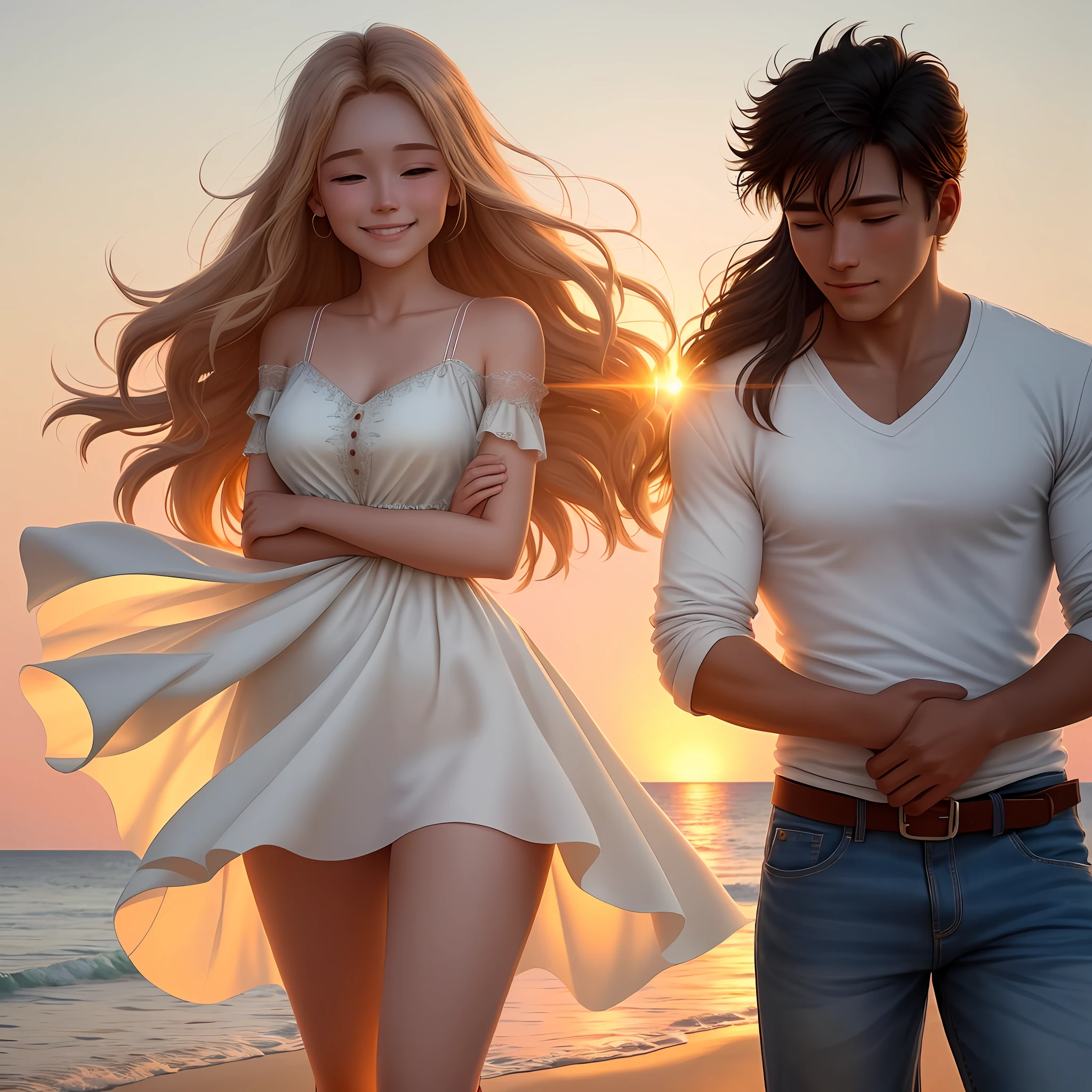 A beautiful sunset on a deserted beach. The soft, golden sand stretches as far as the eye can see, while the calm waves of the sea gently break on the shore. The sky is painted with warm shades of orange, pink and purple, creating a romantic atmosphere.
In the center of the scene, there is a couple in love. The woman is wearing a long, flowing dress, her hair loose in the wind. Her smile glows as she nestles in the arms of the man, who hugs her gently. He is wearing a white shirt and jeans, and his look conveys affection and devotion, digital drawing style