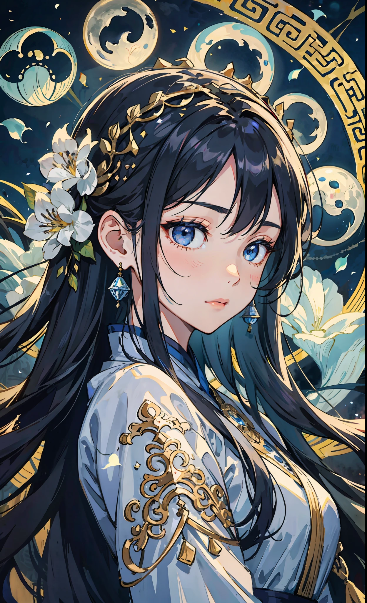 Official Art Illustration, Antique Style Girl, Black Eyes, High and Cold Expression, Dark Blue Hair Color, Floating Hair, Hairpin, Delicate Eyes, Intricate White Hanfu, Gorgeous Accessories, Complex Filigree, Wearing Earrings, FOV, F/1.8, Masterpiece, Background with Chinese Antique Architecture, Night, Petals Flying, Positive Perspective, Moon Chasing, Side Light, Moonlight Shining on People, 8K, Hazy, Asymmetrical Hairstyle
