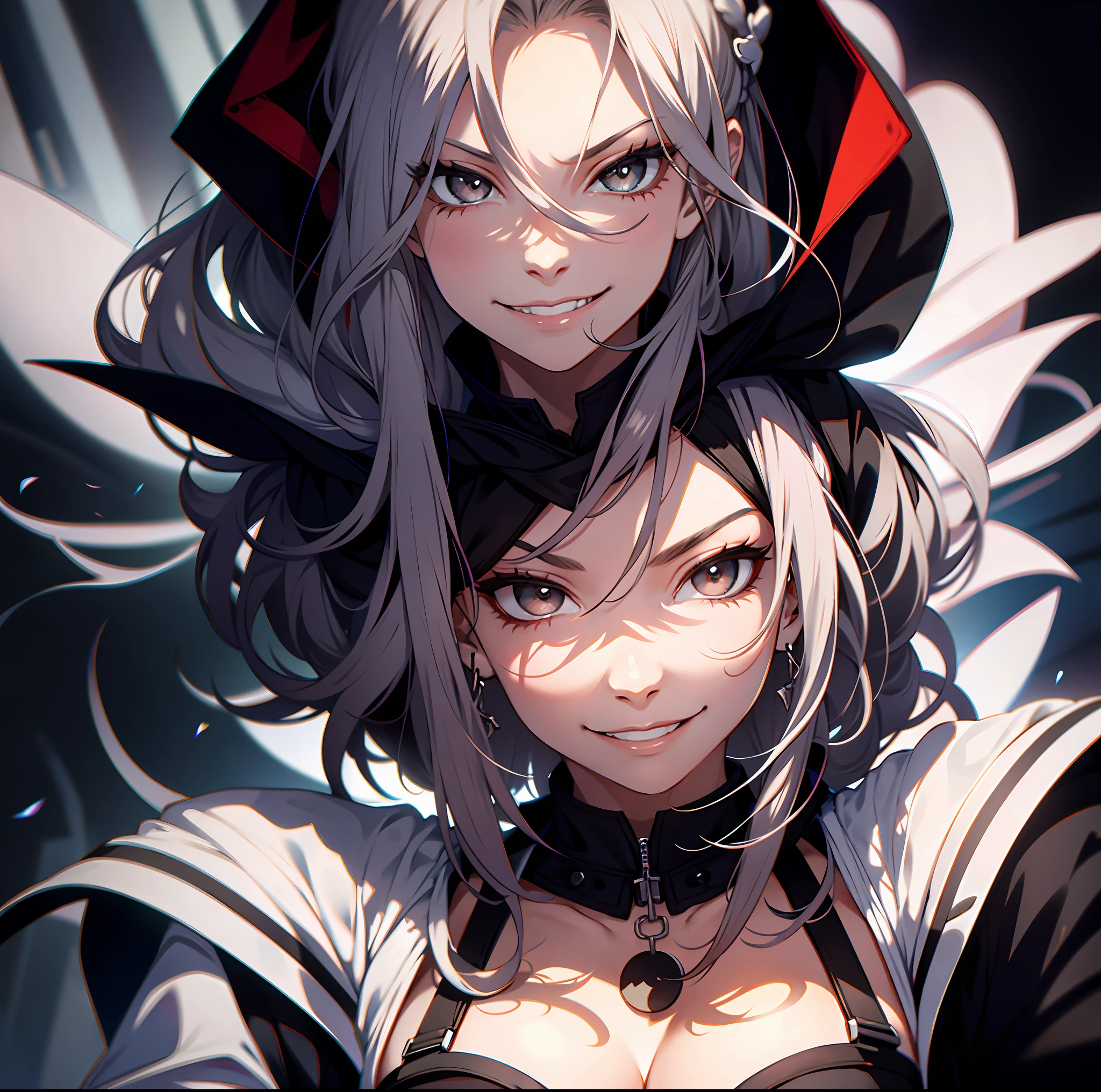 Portrait, cleavage, psychopathic smile, psychopathic smirk, evil smile