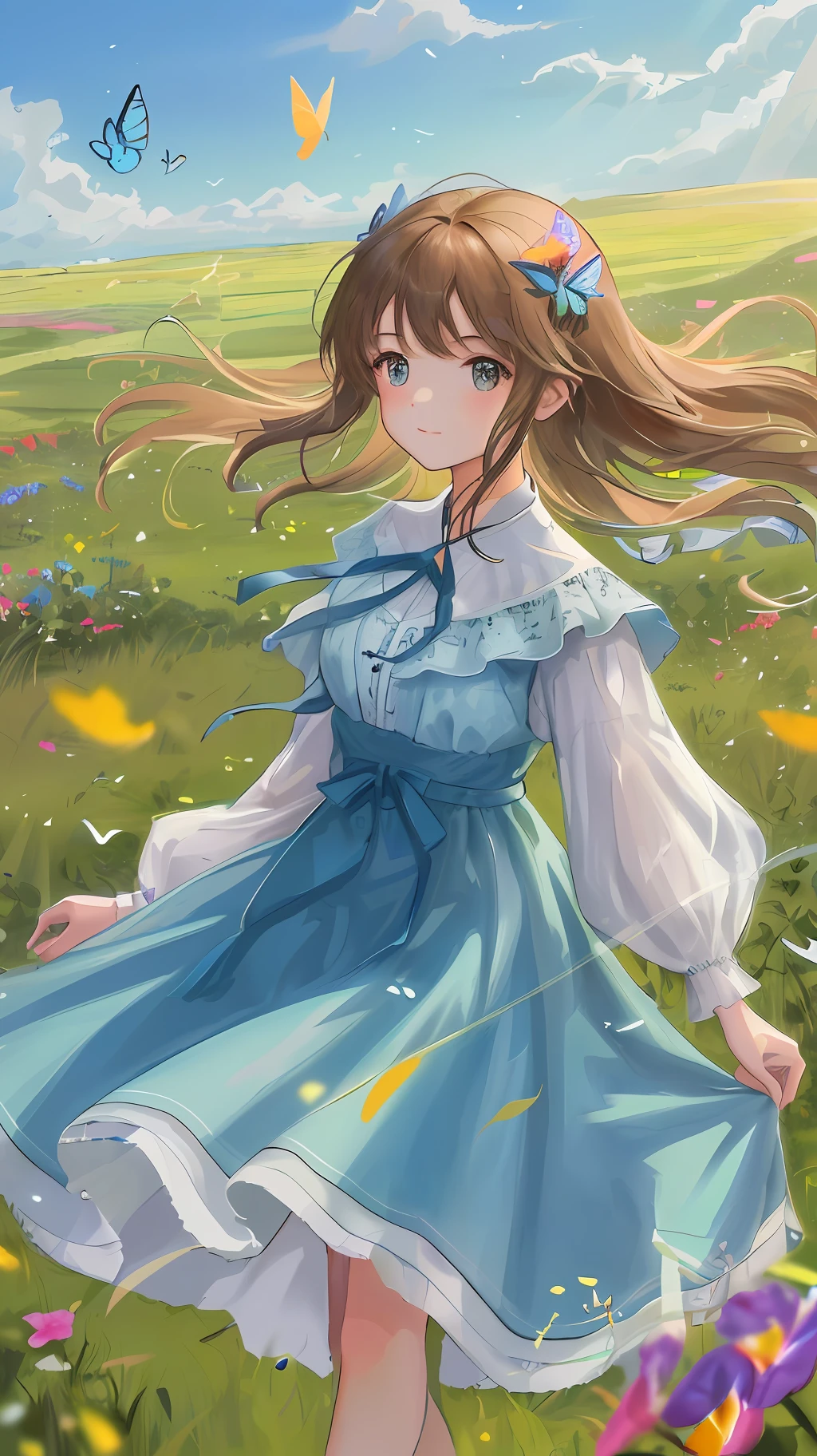 High Detail, Ultra Detail, Ultra High Resolution A cute and innocent girl is enjoying her time in an open field, surrounded by the beauty of nature, with the warm sun shining on her and wild flowers swaying gently in the breeze. Butterflies and birds flutter around her, adding to the playful atmosphere, --v 6