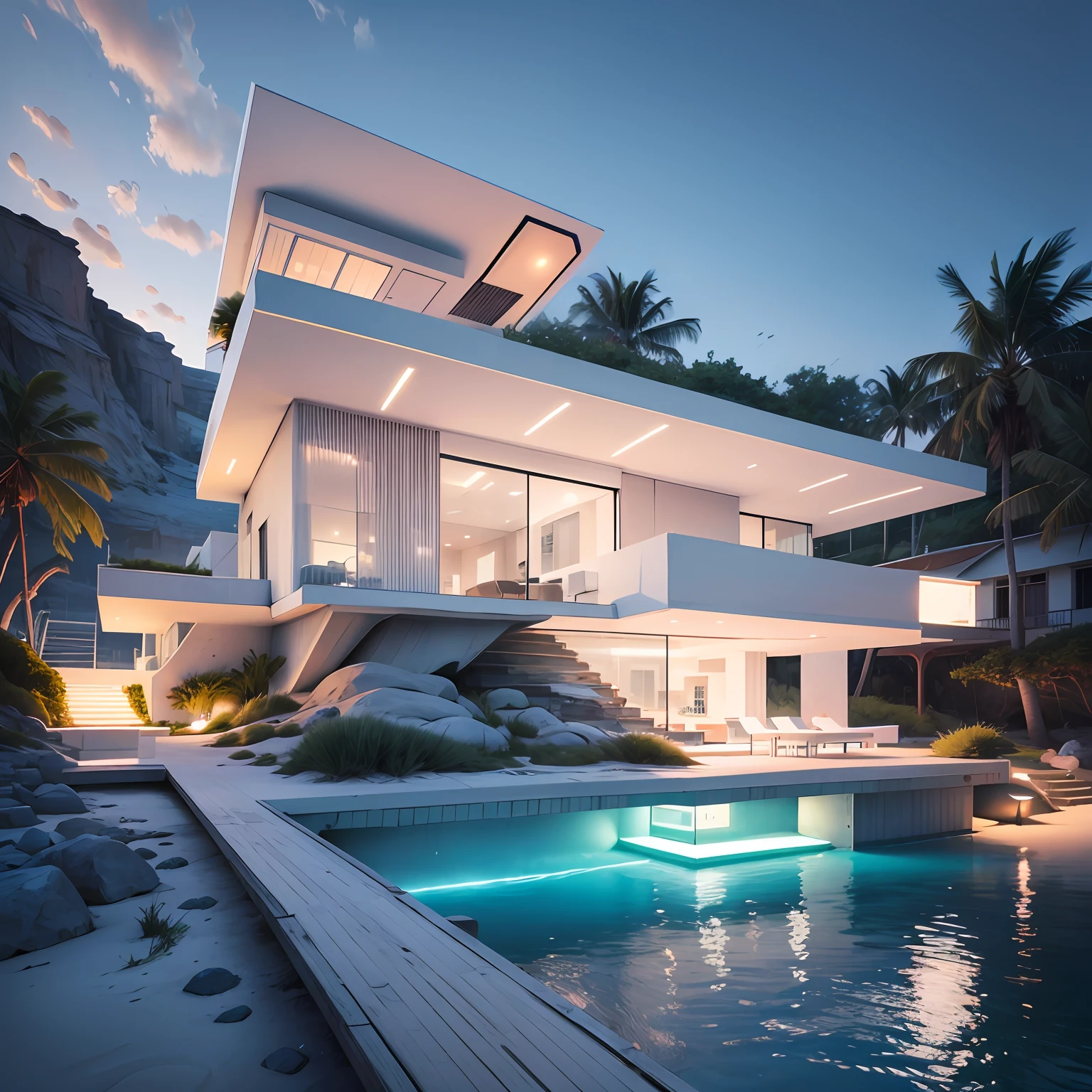 A futuristic white house on the edge of a beach --auto --s2