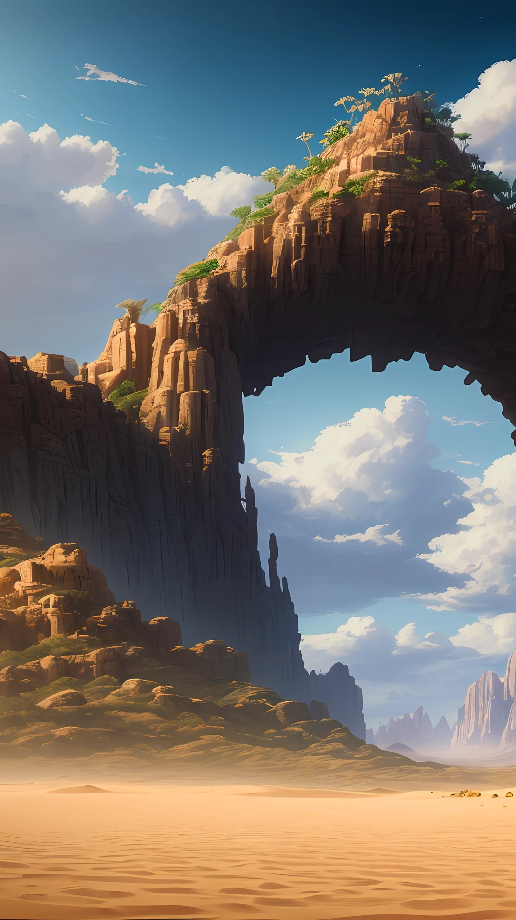 Masterpiece, best quality, high quality, extremely detailed CG unity 8k wallpaper, (desert), outdoor, sky, clouds, sky, no humans, (dune), (desert), (palm tree), waterfall, cliff, nature, lake, (desert), cloudy sky, award winning photography, bokeh, depth of field, HDR, bloom, chromatic aberration, realism, very detailed, trends on artstation, trends on CGsociety, intricate, high detail, dramatic, Midjourney art