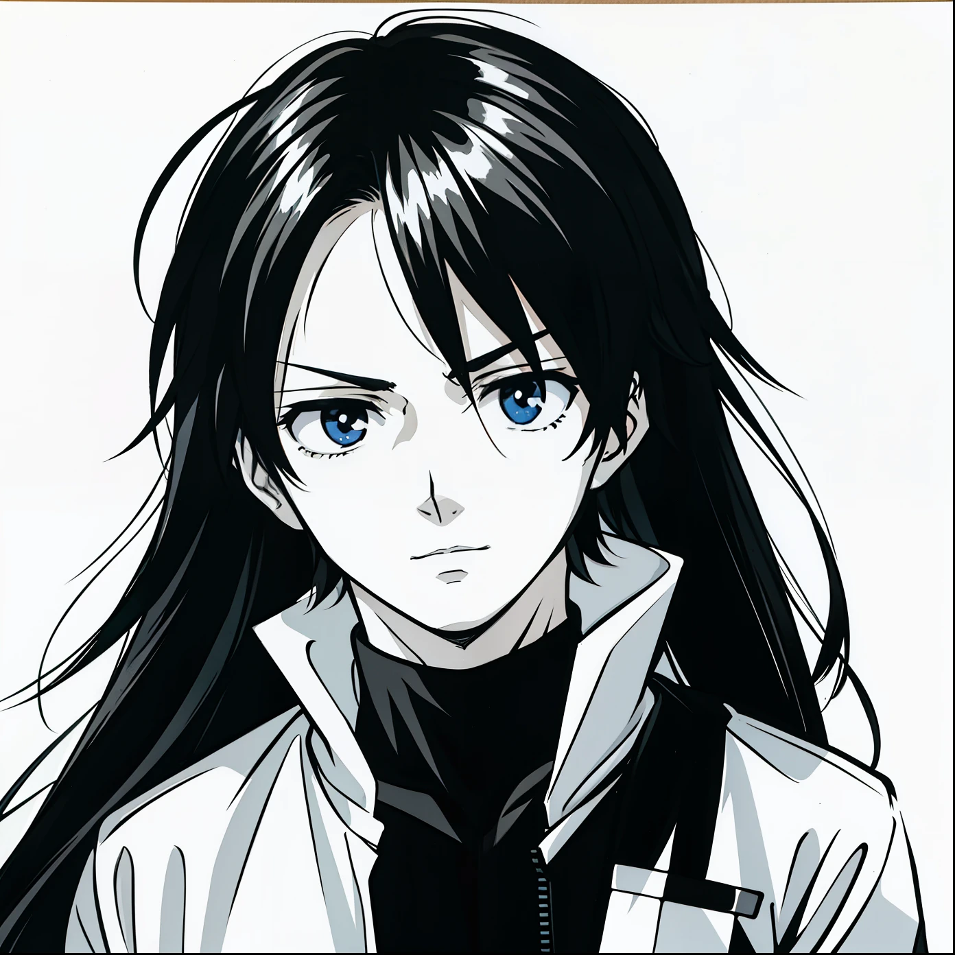 photograph of a male anime, black and white manga, white background