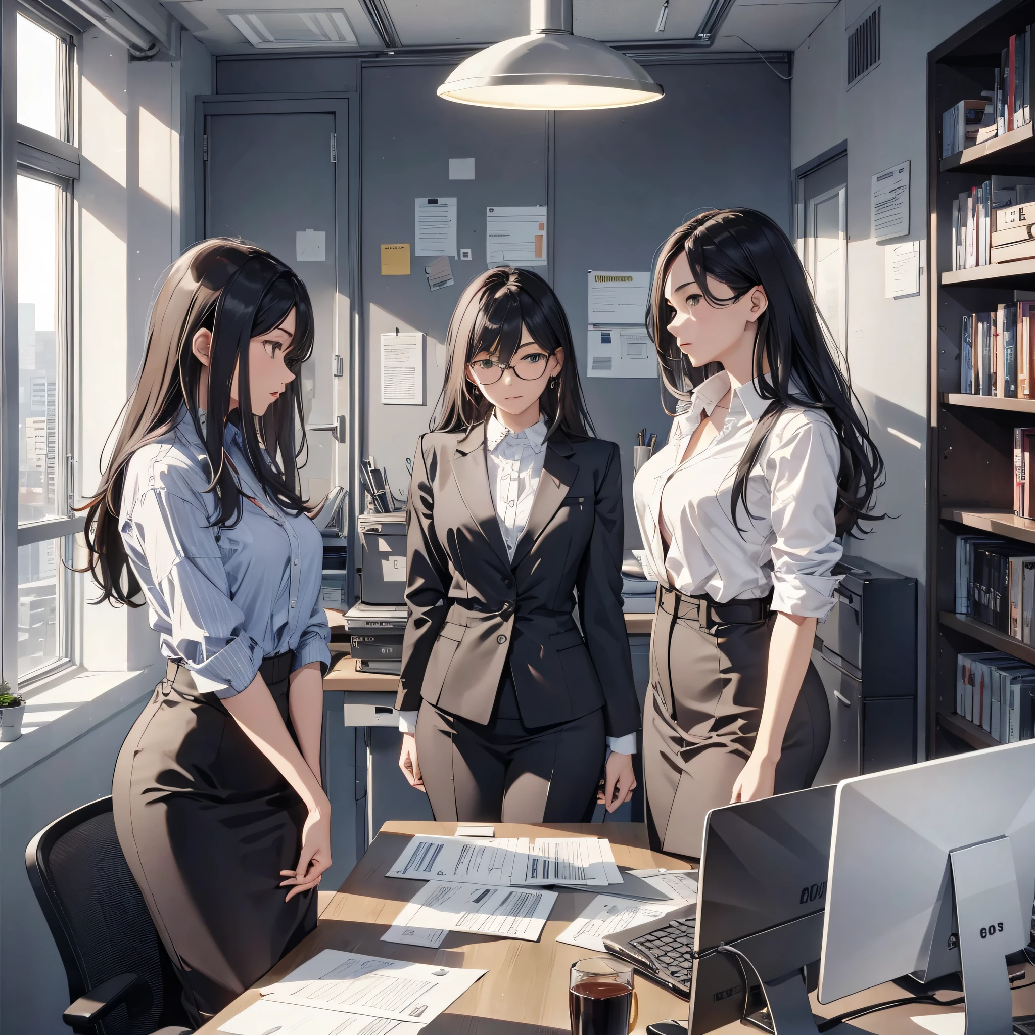 Office, several young women, assistant dressed up, office, discussion look