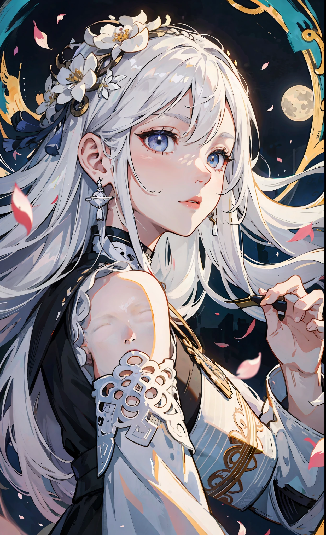 Official Art Illustration, Girl, Black Eyes, White Hair Color, Floating Hair, Hairpin, Delicate Eyes, Intricate White Hanfu, Gorgeous Accessories, Intricate Filigree, Wearing Earrings, FOV, F/1.8, Masterpiece, Background with Chinese Ancient Style Architecture, Night, Petals Flying, Frontal Perspective, Chasing the Moon God, Side Light, Moonlight on People, 8K, Hazy, Asymmetrical Hairstyle
