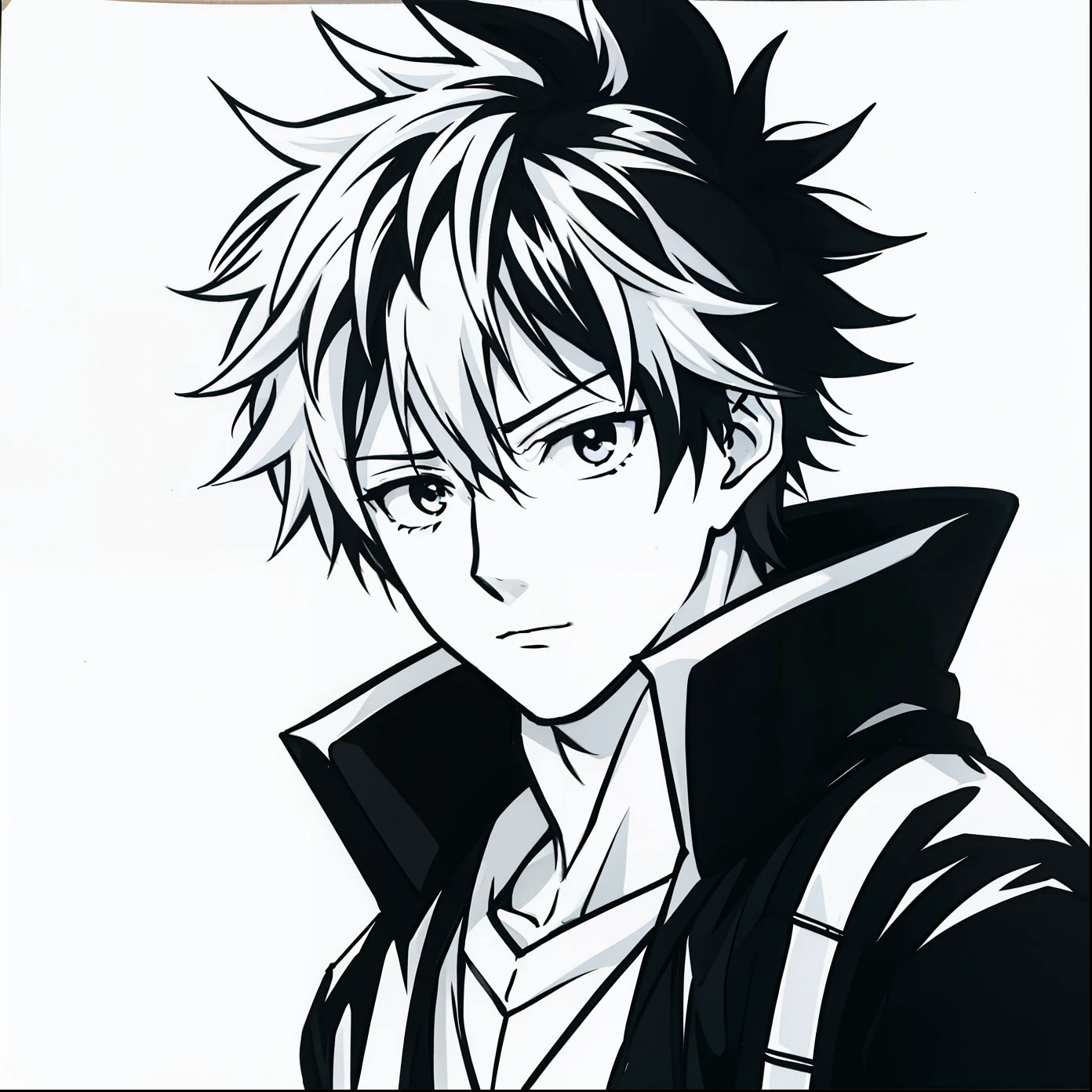 photograph of a male anime, black and white manga, white background