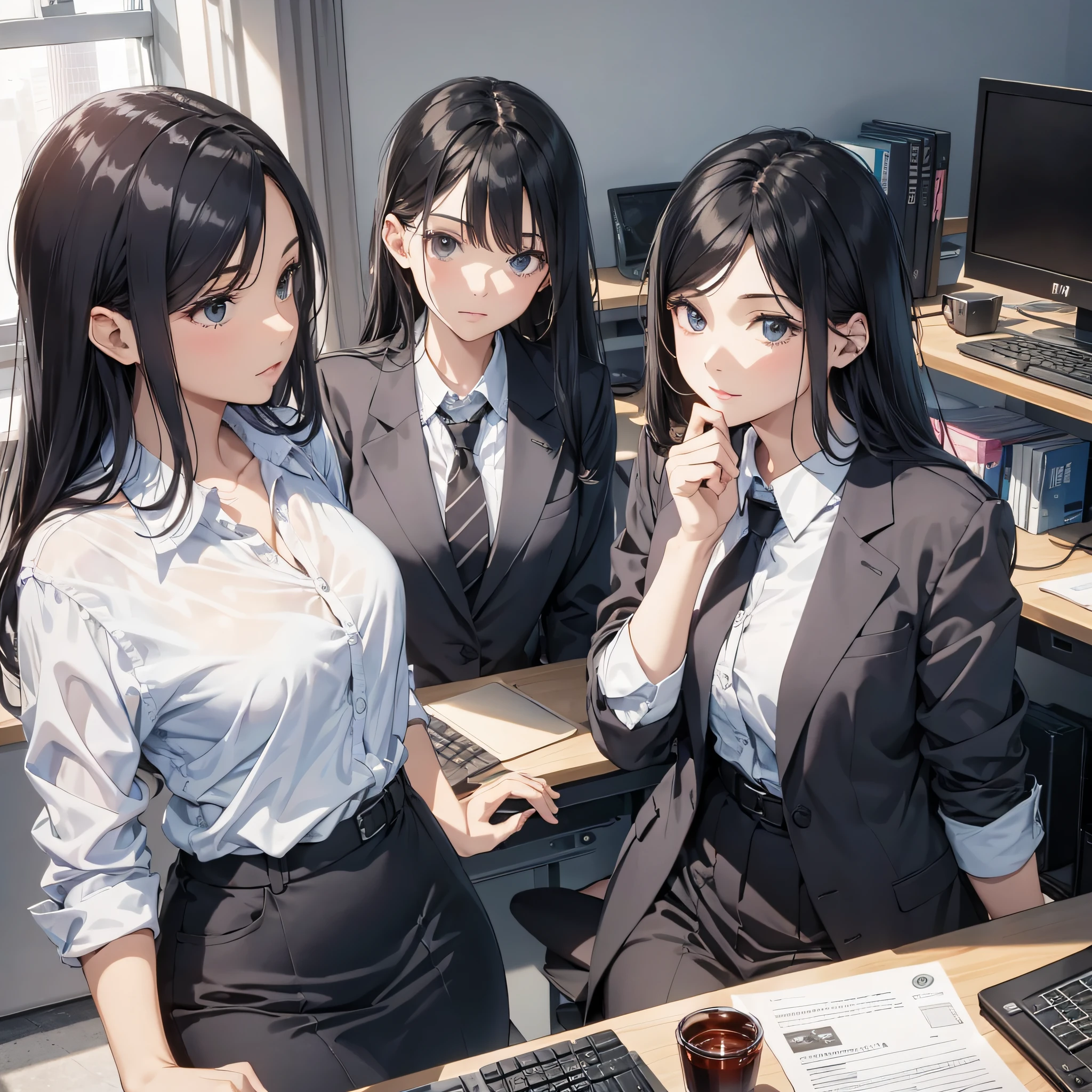 Office, several young women, assistant dressed up, office, discussion look