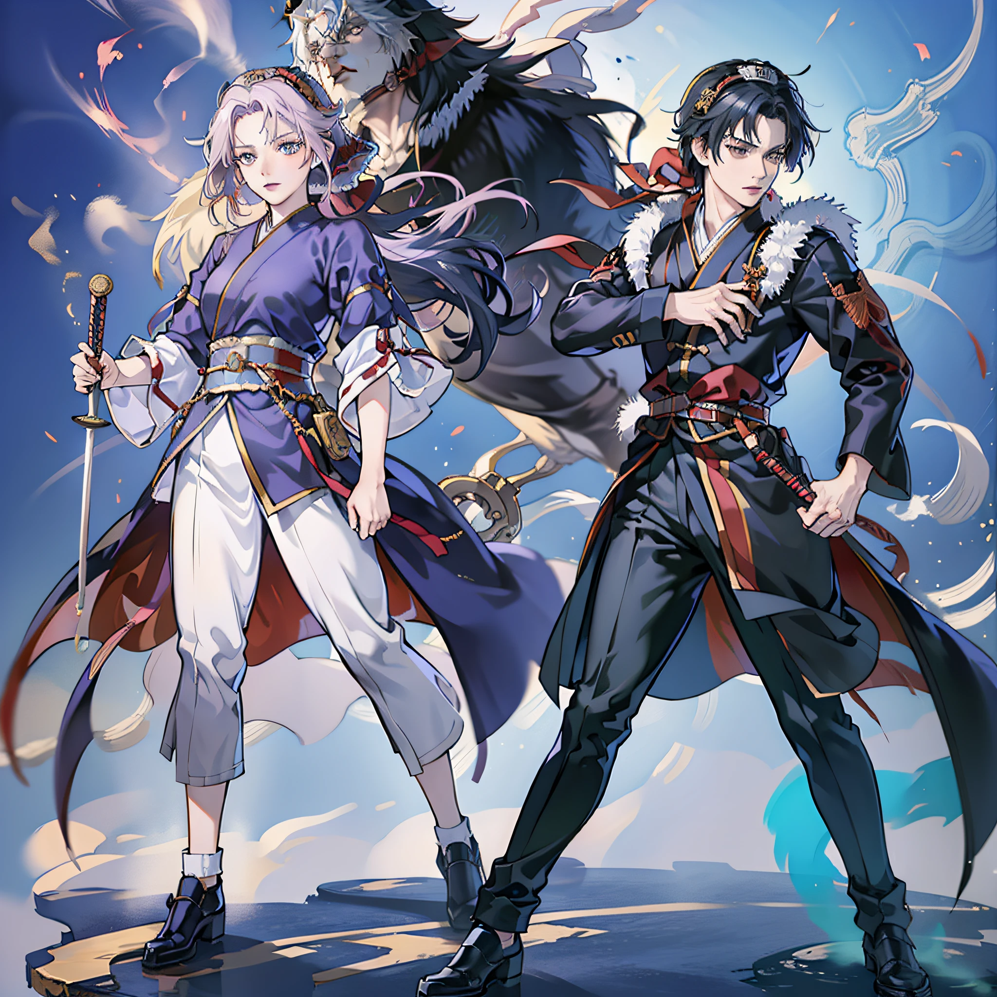 anime characters dressed in traditional clothing holding swords and standing next to each other, full body wuxia, yiqiang and shurakrgt, flowing hair and long robes, koyoharu gotouge, sengoku - era art style, official art, rob rey and kentarõ miura, heise jinyao, sengoku era --auto --s2