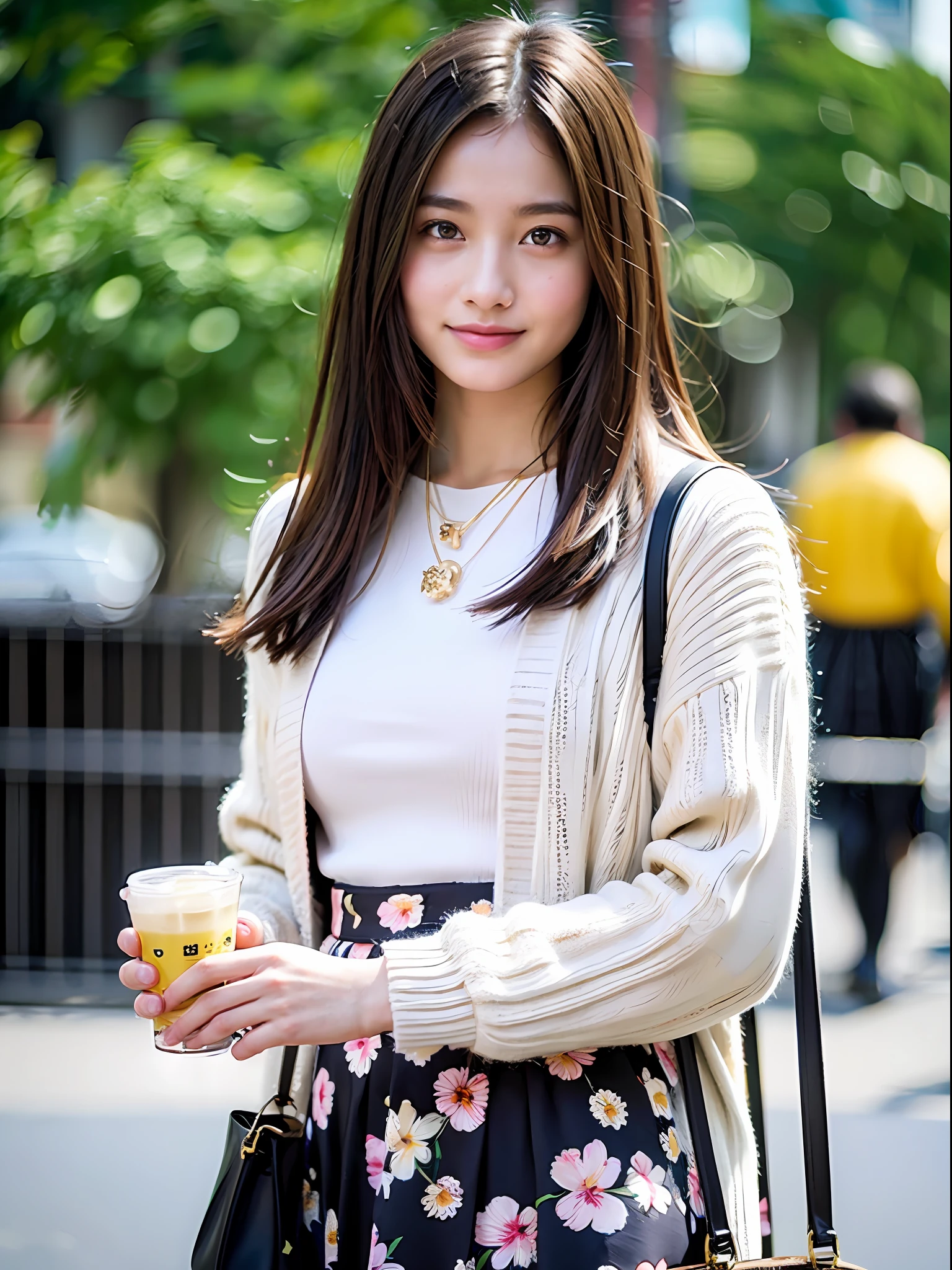 18 year old girl with perfect face and big, café, right hand with hair, cute clothes, slim and slender physique. The skin has detailed and highly detailed eyes (1.1 emphasis), very detailed skin texture (1.1 emphasis). Slender necklace, model photo style, photorealistic, skin texture is real human skin texture, detailed skin pores, complex details, eyes are very detailed, black floral skirt: 1.5, white shirt with high neck: 1.2, lemon yellow cardigan, dark brown bag, street, smile, viewer's perspective, look back
