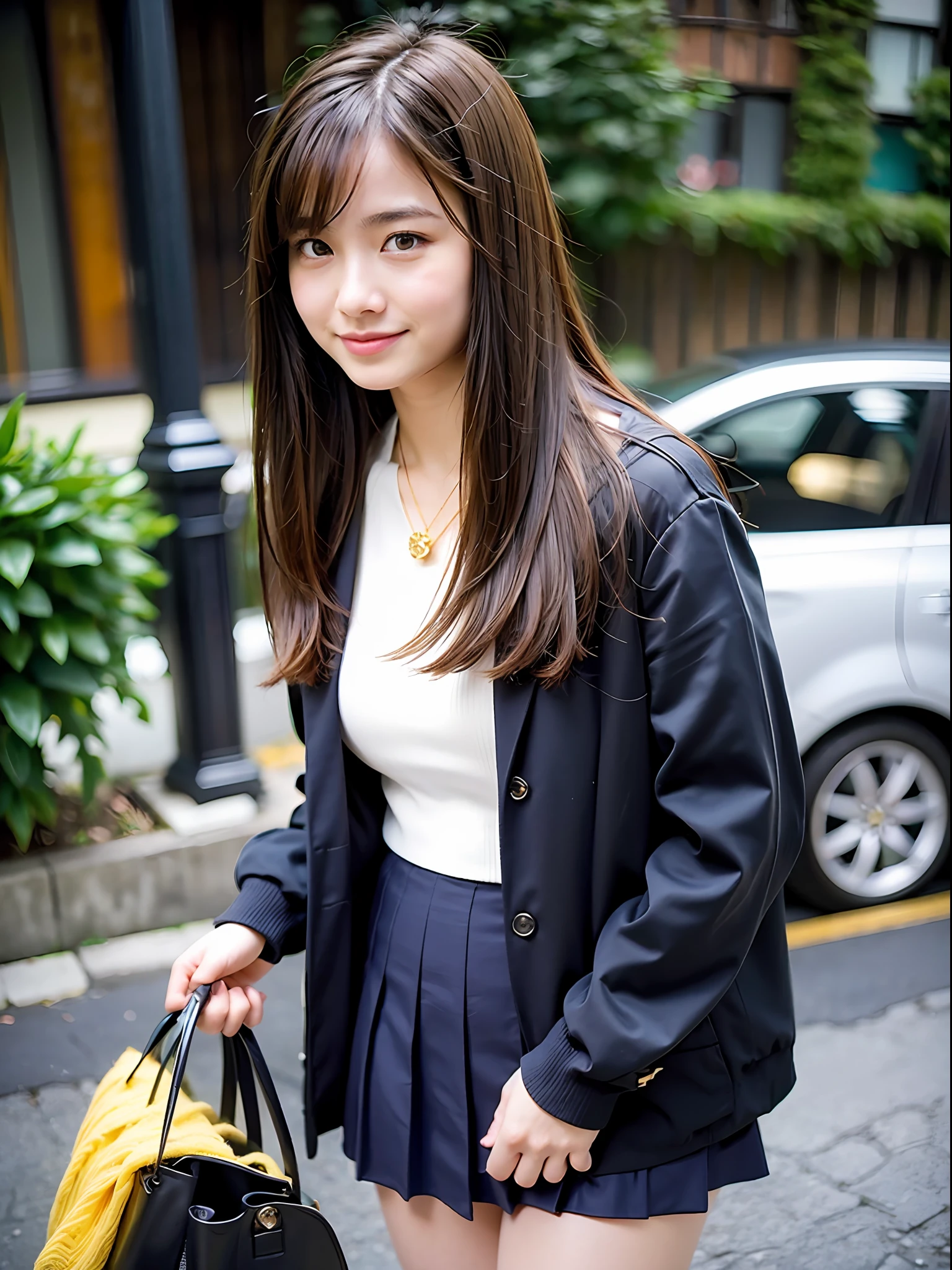 18 year old girl with perfect face and big, café, right hand with hair, cute clothes, slim and slender physique. The skin has detailed and highly detailed eyes (1.1 emphasis), very detailed skin texture (1.1 emphasis). Slender necklace, model photo style, photorealistic, skin texture is real human skin texture, detailed skin pores, complex details, eyes are very detailed, black floral skirt: 1.5, white shirt with high neck: 1.2, lemon yellow cardigan, dark brown bag, street, smile, viewer's perspective, look back