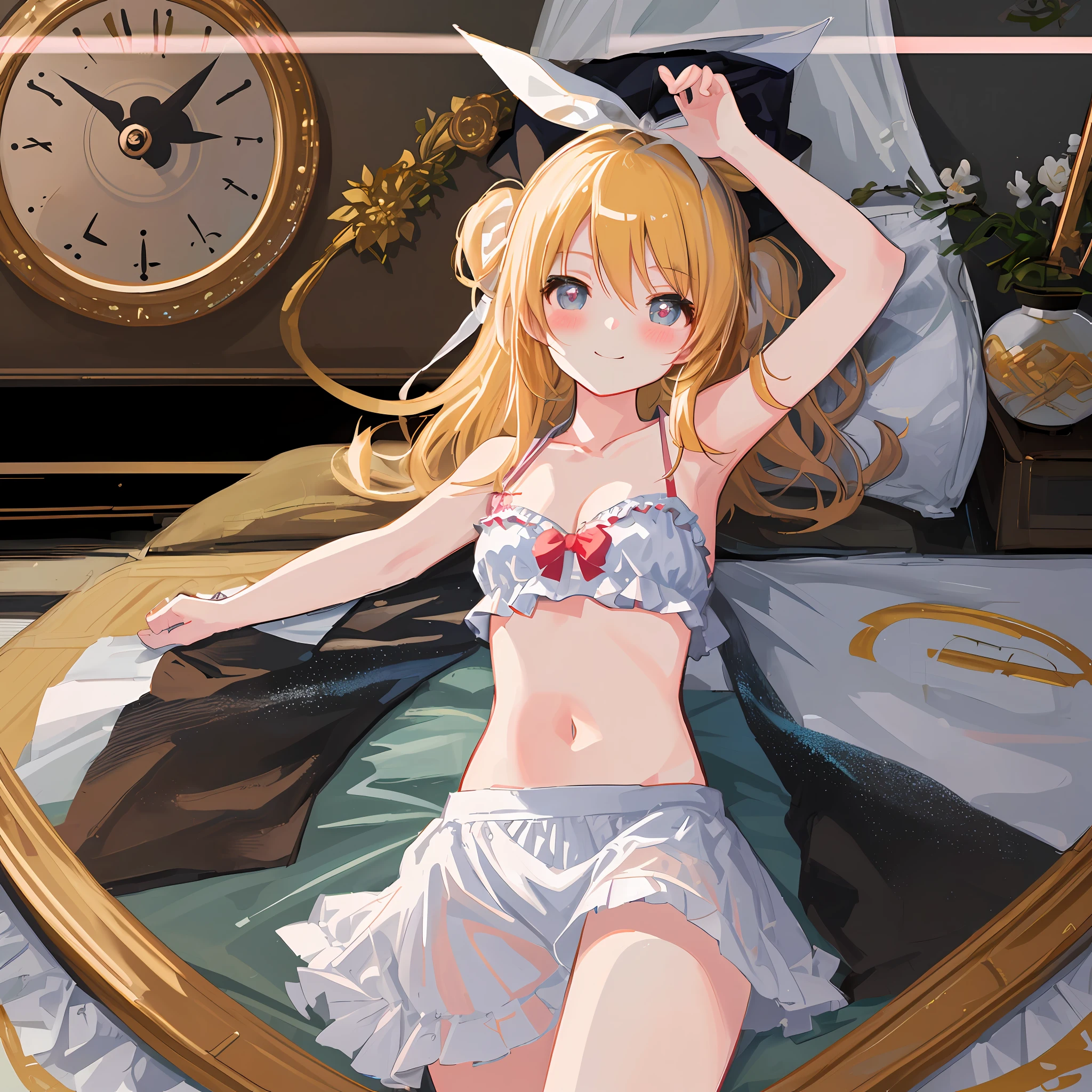 (((Masterpiece)))), (((Best Quality)))), (Illustration)))), (Ultra Detail)))), (High Definition)))), Girl, (Kagamine Rin), On the Bed, (Blush), (Embarrassing)), Cowboy Shot, Look at Viewer, (Lying on Your Back), (White Bikini), Cute, Ecchi Anime Style, Medium, Popular on pixiv, Lori, Beautiful Girl Anime Style, Sexy Anime Style, Buruaka Style, See-through, Cleavage, Most Popular on pixiv, On Soft Plush Bed, Angel, Sleeveless, Navel Visible, Innocent Face, Pure White Wings, Character Center, Circle of Angels, One Girl, Official Fan Art, pixiv Best Works, Smile, pixiv Top Rating, Lover's POE, Incredibly cute, Adorable, Precious, lovely