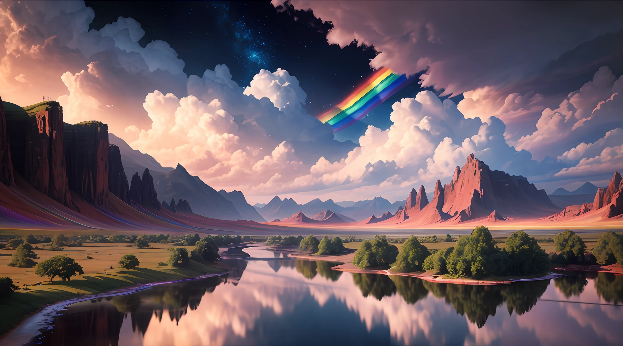 painting of a rainbow over a mountain and a river, just one rainbow 8 k, 4k highly detailed digital art, octane render a lonely rainbow, beautiful art uhd 4 k, intricate rainbow environment, similar to the bifrost, dreamy matte painting, epic surrealism 8k oil painting, magical landscape, rainbow, dreamlike digital painting, surreal dream landscape