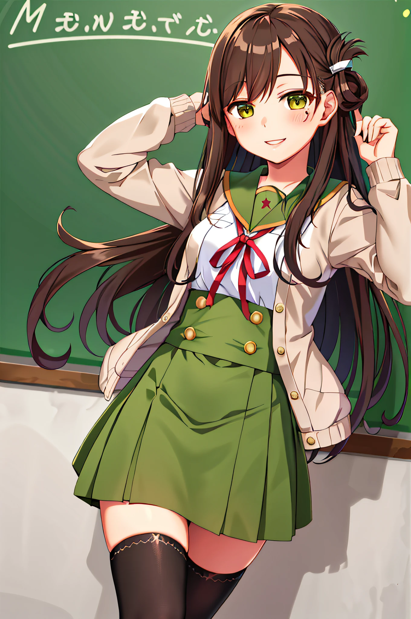 Masterpiece High Quality Hi-Res One Wakasa Yuri Long Hair School Uniform Solo Folded Thigh Brown Hair Mole Upper Thigh Hair Bottom Mole Upper Feather Baked SkirtCardigan Black Thigh Hair OrnamentGreen Eyes Hair Clip Big Smile Upper Body