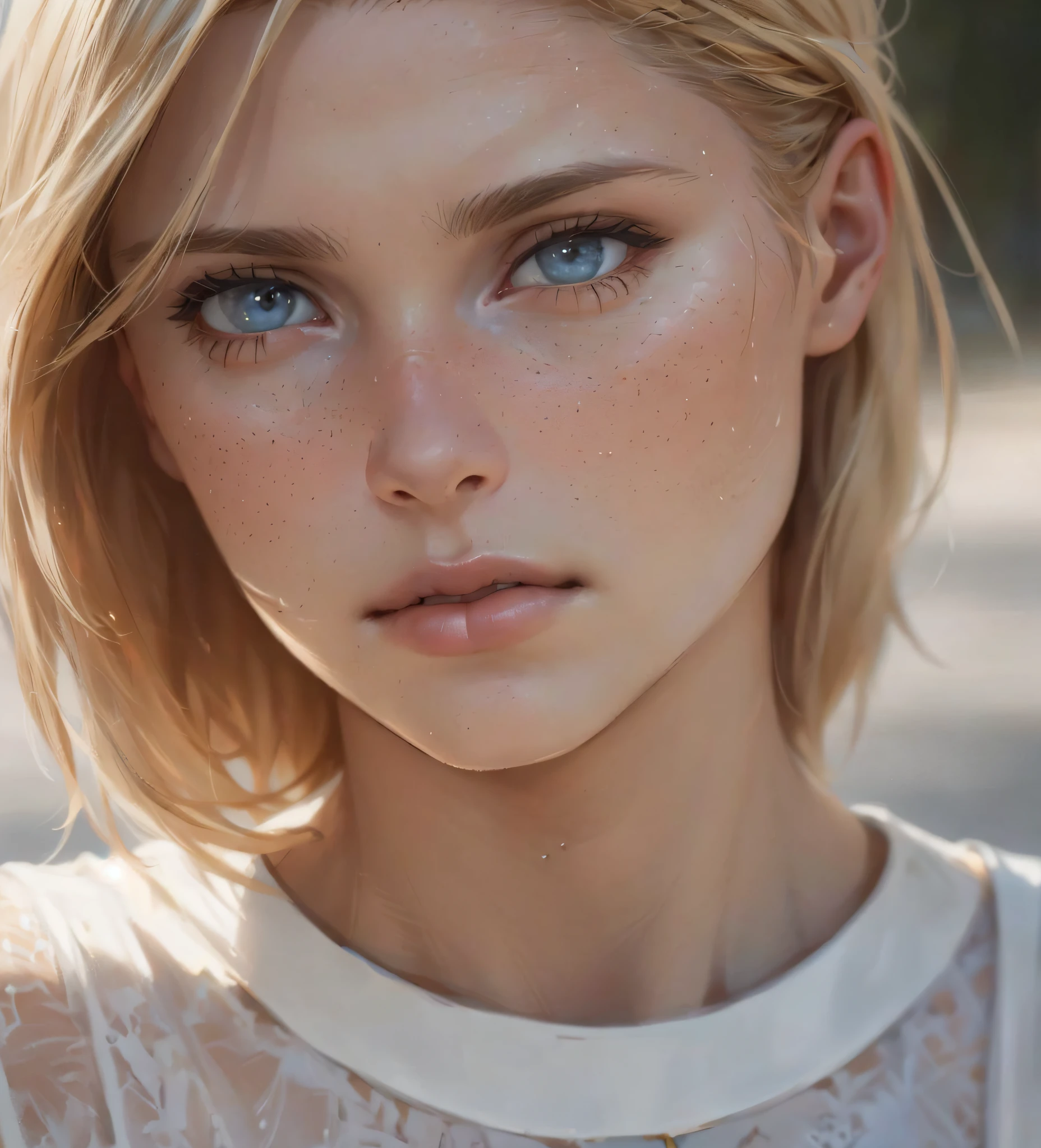 angel, armor gold (masterpiece, best quality, high resolution:1.4), 1girl, angel, skin pores texture, Hair blonde, HD , Photography, movie, cinematic, full Body, Realistic, (8k, RAW photo, best quality, masterpiece:1.2), (realistic, photo-realistic:1.33), best quality, detailed eyes blue, cute,natural lighting, depth of field, film grain, wrinkled skin, sharp, detailed and realistic portrait of a woman ,(freckles:0.5) , outside, wearing a white t shirt, staring at camera, chapped lips, soft natural lighting, portrait photography, magical photography, dramatic lighting, photo realism, ultra-detailed, intimate portrait composition, Leica 50mm, f1. 4