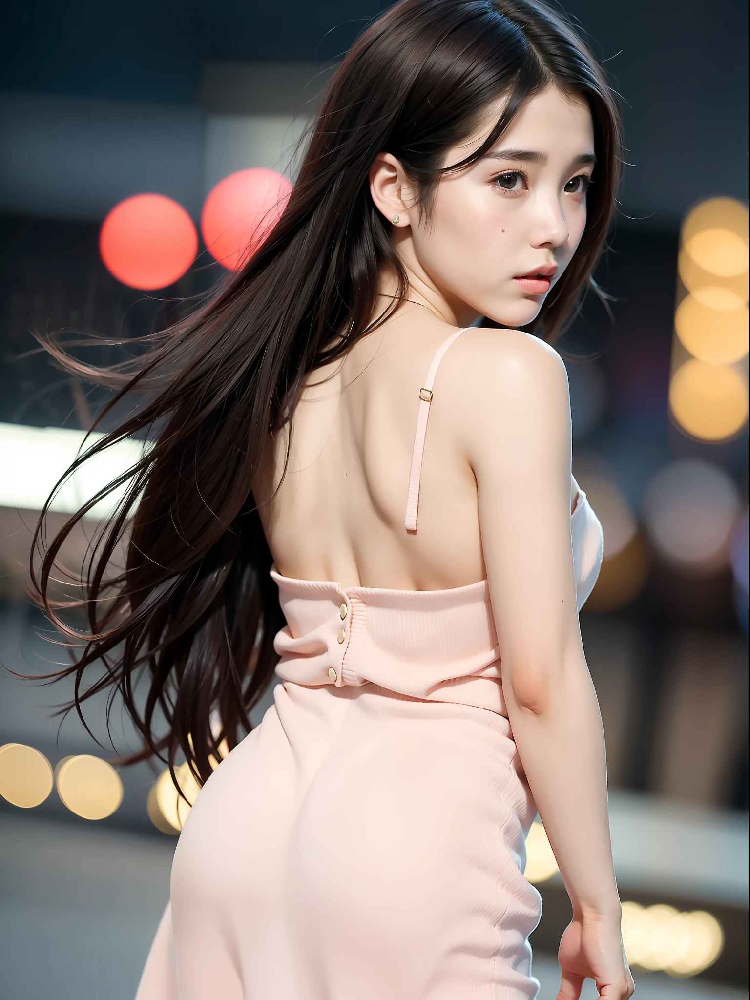 IU, 1girl, solo, 8k, best quality, (masterpiece:1.2), (realistic, photo-realistic:1.37), looking at viewer
warm vibrance, colorful, mall, night time setting
looking back over shoulder, slight smile