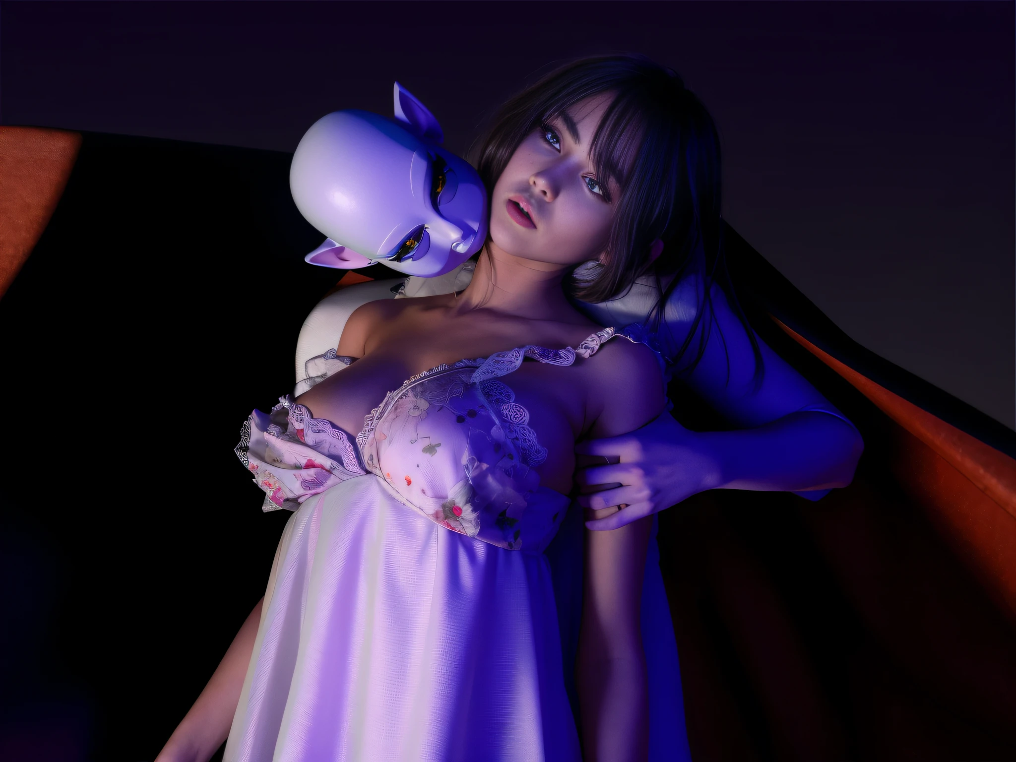 (masterpiece, top quality, , solo, intricate detail, chromatic aberration), lifelike, (hazel eye: 1.2), (random look), (big eyes), (Lora: MusenaturalFaceV1_V 1:0.2), pureerosface_v1, (anxious face: 1), lace, black glowing dress, big breasts, hateful face,