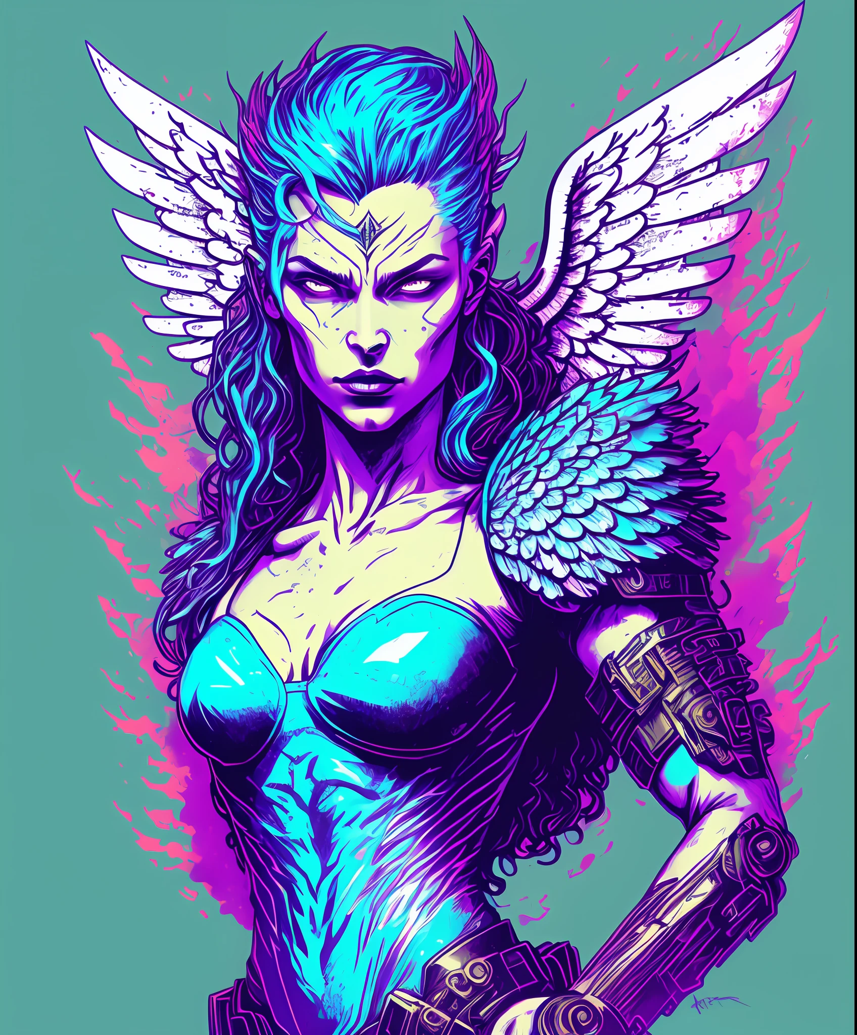 (a portrait of Cyberpunk angel archangel with fluid colored l:1), T-shirt logo in conical fine contour style, spelling view, art on (empty background:1.4)Hands,