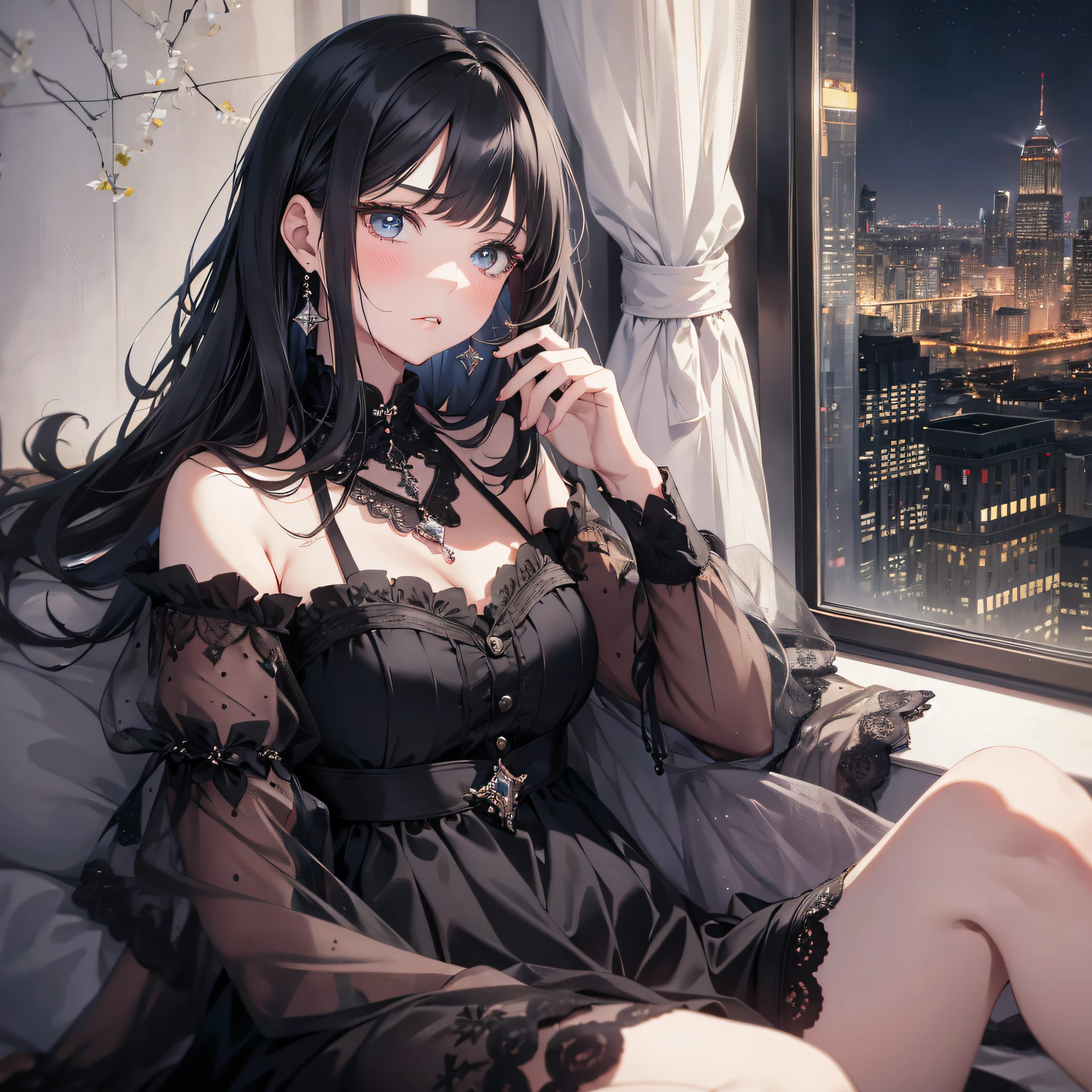 Absurd resolution, high resolution, (masterpiece: 1.4), hyper detail, 1 young woman, rich princess, casual dress black haired young woman, melancholy expression, night, luxury apartment, facing phone