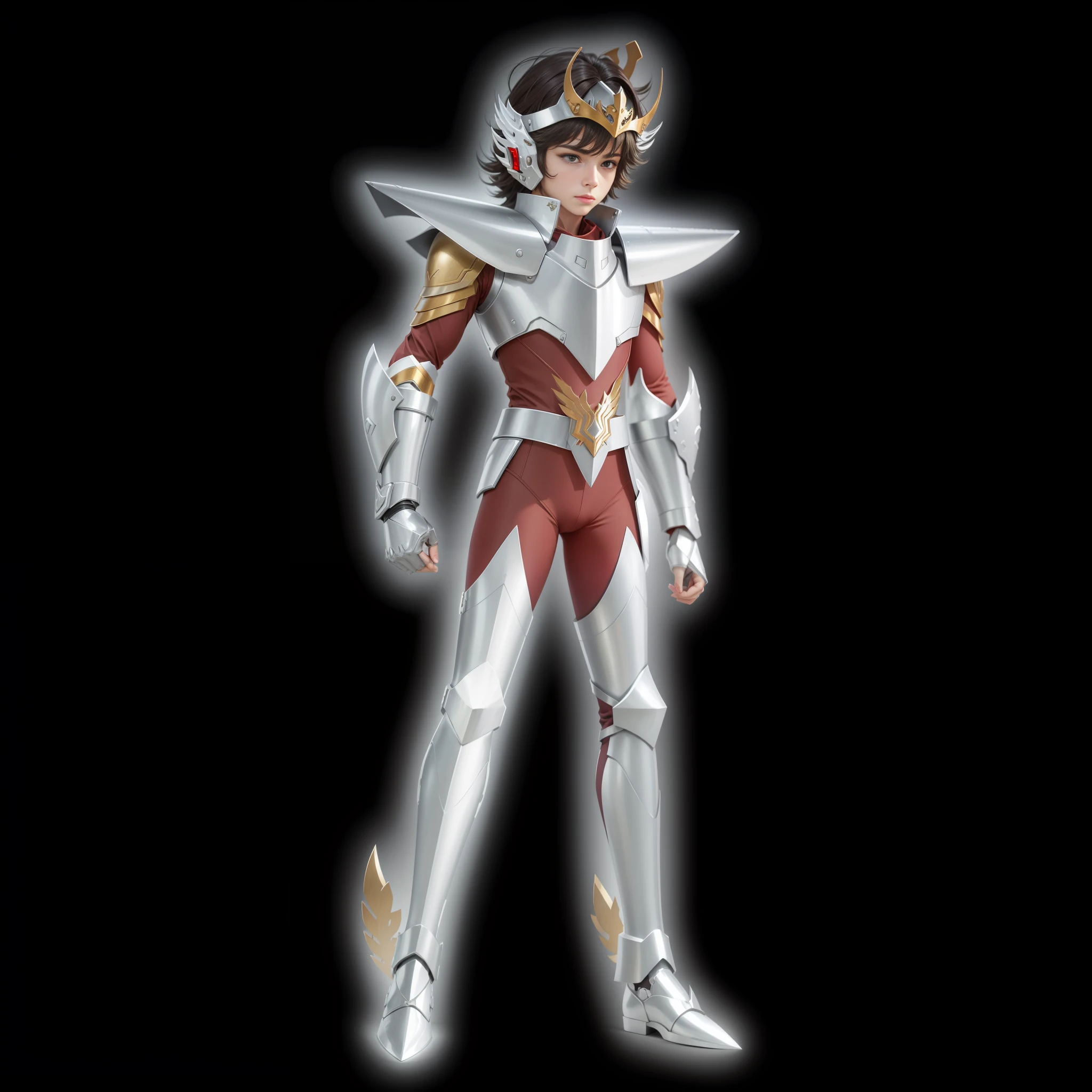 A boy in armor, dark brown hair, bare upper arms, silver armor, strong metallic luster, helmet, red tights, full body, lighting, white background, perfect fingers, Saint Seiya style