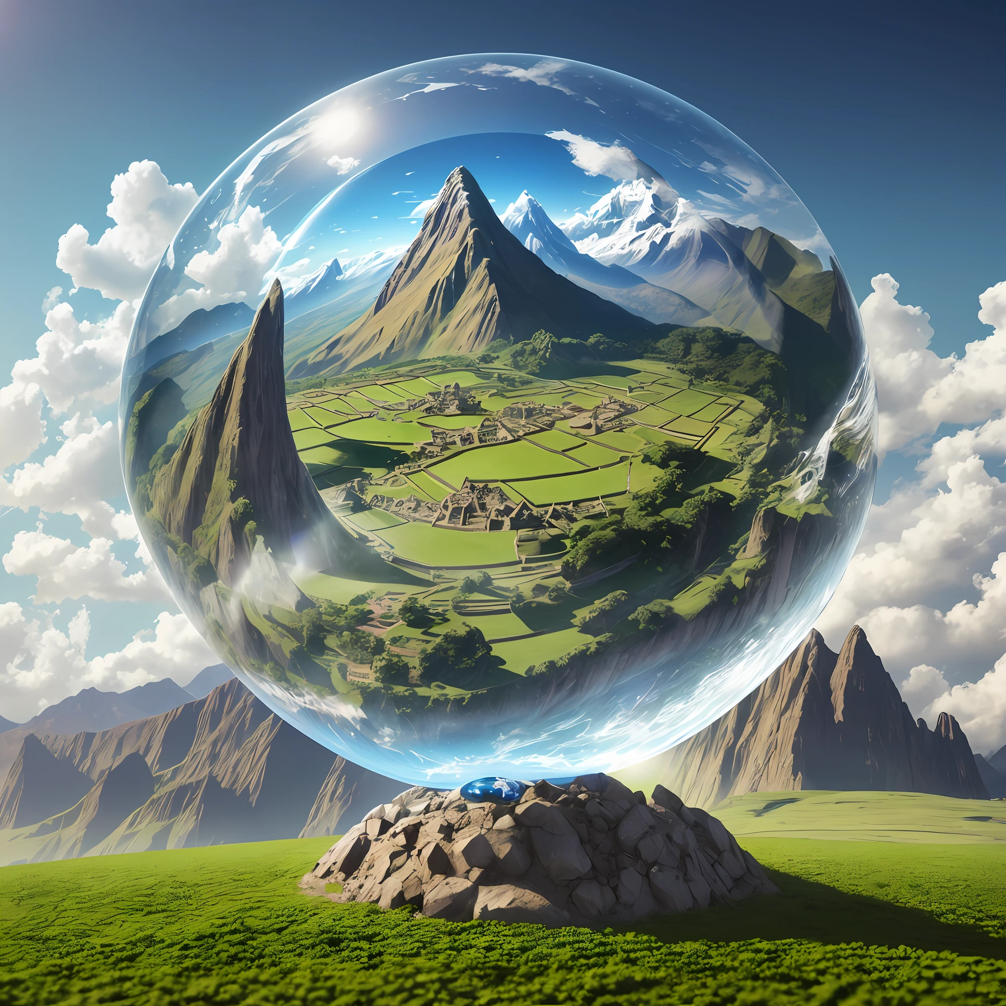a crystal ball with a view of Machupicho in the background, a small planet earth, photo manipulation, Vincent Callebaut composition, photo-manipulation, levitating agricultural sphere, mattepainting, inside a globe, surreal matte painting, miniature world, 3d landscape, 3d landscape, a miniature earth, surreal 3D rendering, glass sphere, intricate details