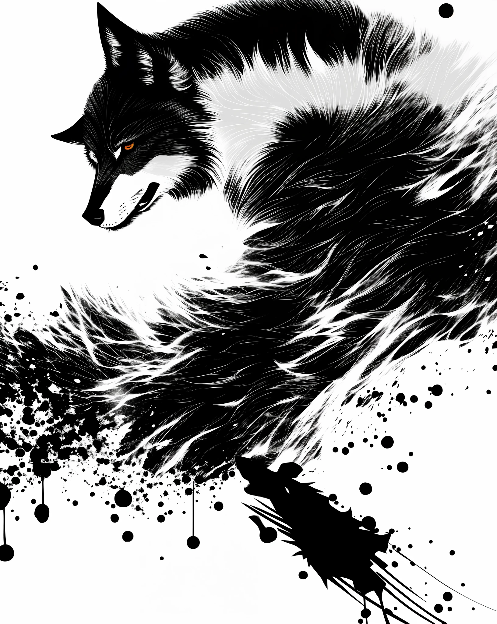 a close up of a wolf with a splaty background, fenrir, black wolf, high contrast illustration, half wolf, wolf, 4k art, 4 k manga wallpaper, grim - wolf, inspired by Nōami, wallpaper 4k, wallpaper 4 k, wallpaper art, sumi ink style, anime art wallpaper 4 k, anime art wallpaper 4k