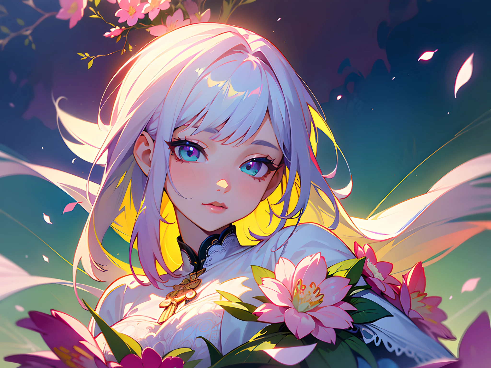 Top quality, masterpiece, high resolution, ultra detailed, (very fine and beautiful: 1.1), (Perfect detail: 1.1), (Official art, beautiful and aesthetic: 1.2), (Fractal art: 1.3), (Lots of flower effects: 1.4), 1 girl with colorful hair and colorful dress, pastel vivid, portrait, dream art germ, highly detailed art germ, solo, Very detailed eyes, very colorful, pastel colors, lots of petals, beautiful light, fine beauty, (detailed face with fine eyes: 1.3), (beautiful and clear background: 1.2), highly detailed CG, lace, ribbon, flowers and petals, beautiful concept illustration,