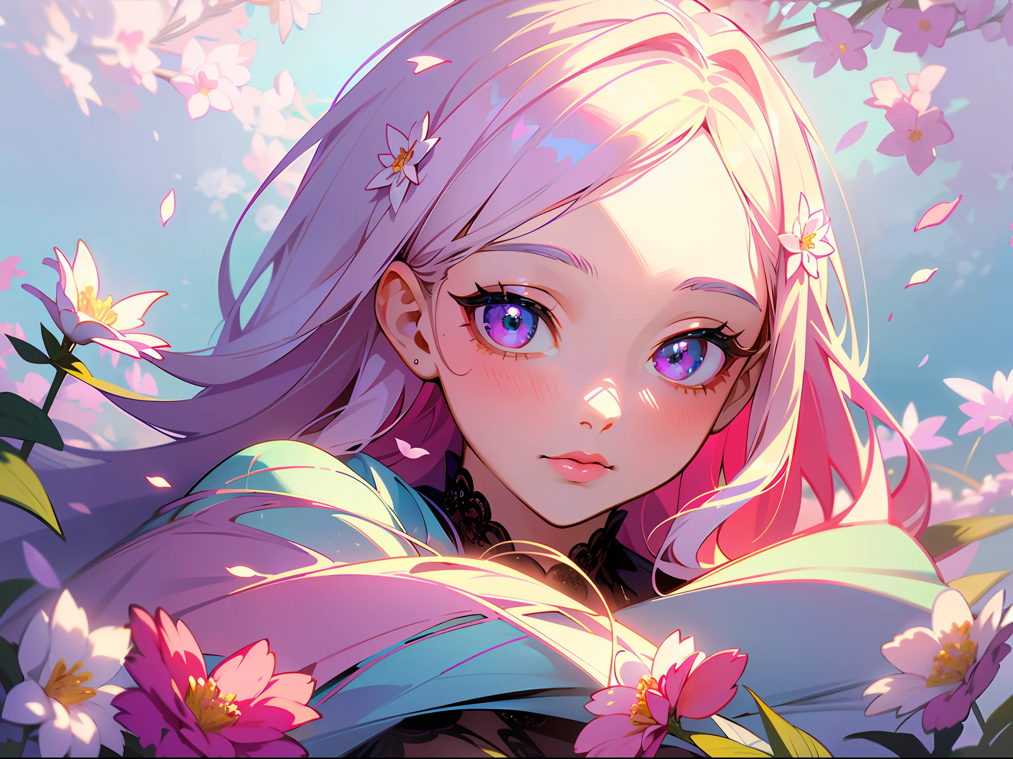 Top quality, masterpiece, high resolution, ultra detailed, (very fine and beautiful: 1.1), (Perfect detail: 1.1), (Official art, beautiful and aesthetic: 1.2), (Fractal art: 1.3), (Lots of flower effects: 1.4), 1 girl with colorful hair and colorful dress, pastel vivid, portrait, dream art germ, highly detailed art germ, solo, Very detailed eyes, very colorful, pastel colors, lots of petals, beautiful light, fine beauty, (detailed face with fine eyes: 1.3), (beautiful and clear background: 1.2), highly detailed CG, lace, ribbon, flowers and petals, beautiful concept illustration,