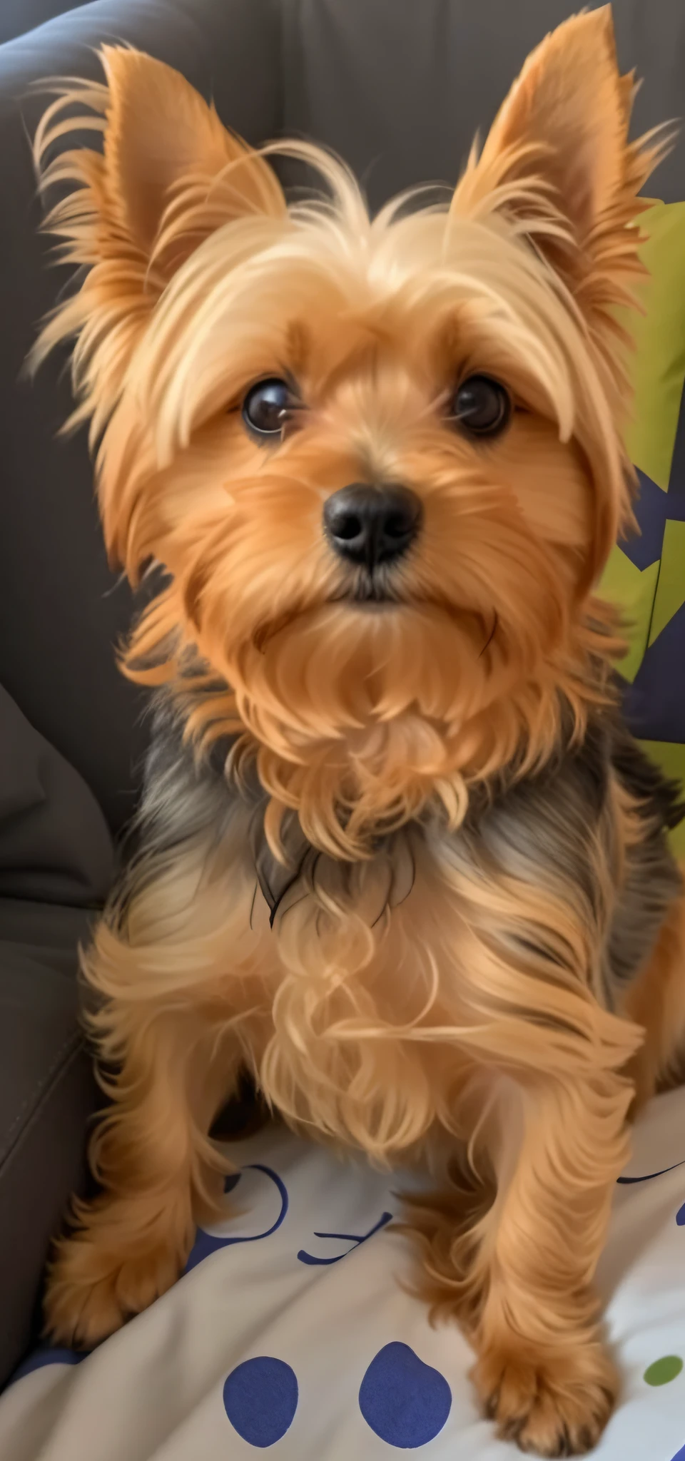 There is a small dog sitting on a couch with a person, sloppy looking, Yorkshire terrier, looking at the camera, very handsome, looking straight at the camera, holding his Yorkshire terrier, very silly looking, looking straight at the camera, cute furry needs your help, stunning!, a cute, looking at the camera, zoom out shot, cheeky, white background sofa,8k