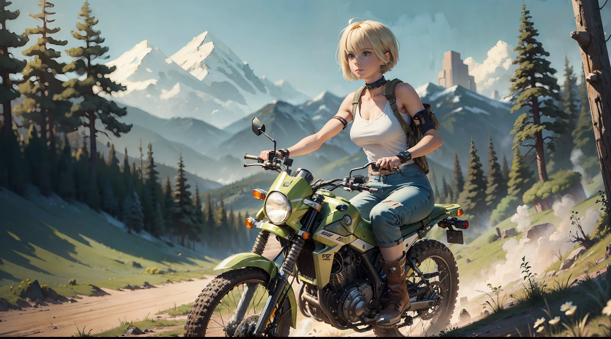 ((((masterpiece)))), high quality, very_high_resolution, large_filesize, full color, steam punk featuring a futuristic planet,
in a distant forest, bustling alien markets, and an off-road bike. The protagonist is a stunning upper body girl 1 person blonde short bob silver smile, mechanized arms. wearing a white tank top, distressed denim shorts, engineer boots, and riding the off-road bike.  beauty,