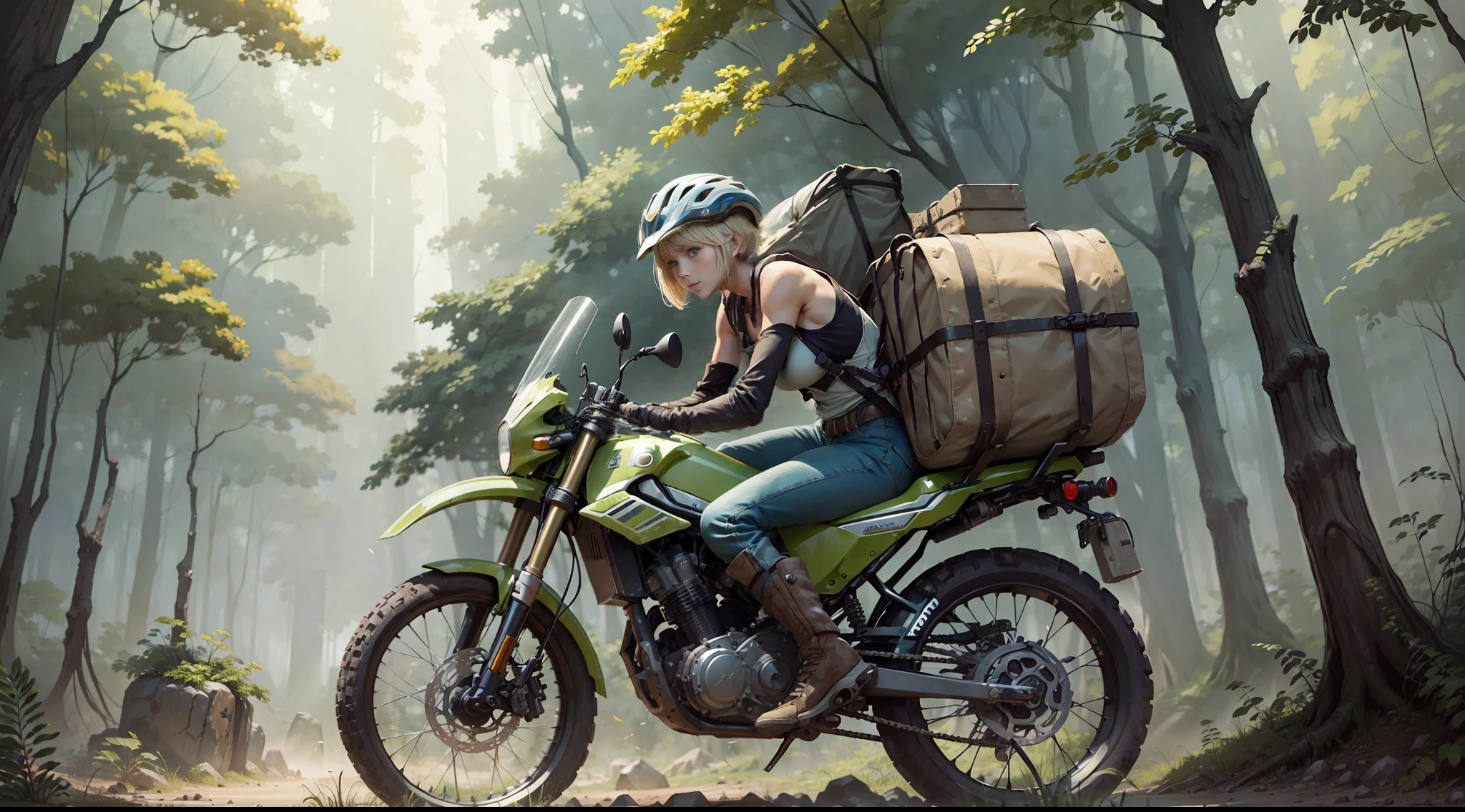 ((((masterpiece)))), high quality, very_high_resolution, large_filesize, full color, steam punk featuring a futuristic planet,
in a distant forest, bustling alien markets, and an off-road bike. The protagonist is a stunning upper body girl 1 person blonde short bob silver smile, mechanized arms. wearing a white tank top, distressed denim shorts, engineer boots, and riding the off-road bike. beauty,