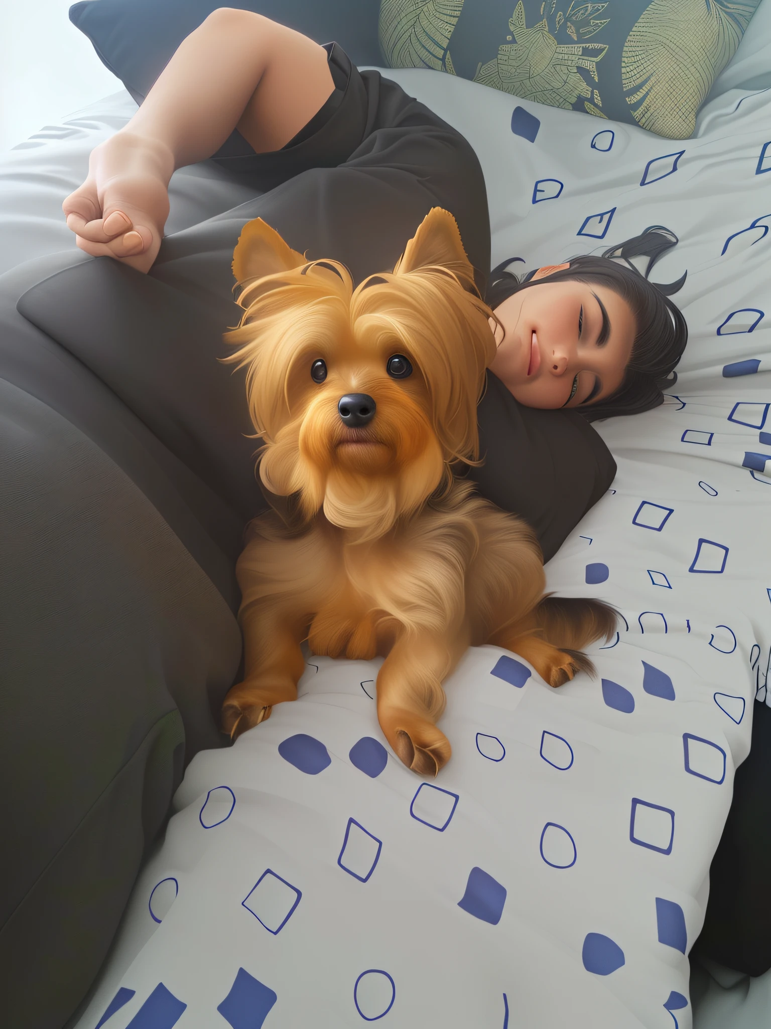 There's a man lying on a bed with a dog, with his hyperactive puppy, lying on the bed, lying on a bed, lying on his back, he's very relaxed, lying in bed, holding his Yorkshire Terrier, nice guy and small creature, in my bed, Yorkshire Terrier, relaxing and smiling for the camera, lying on a pillow,8k, Unreal Engine