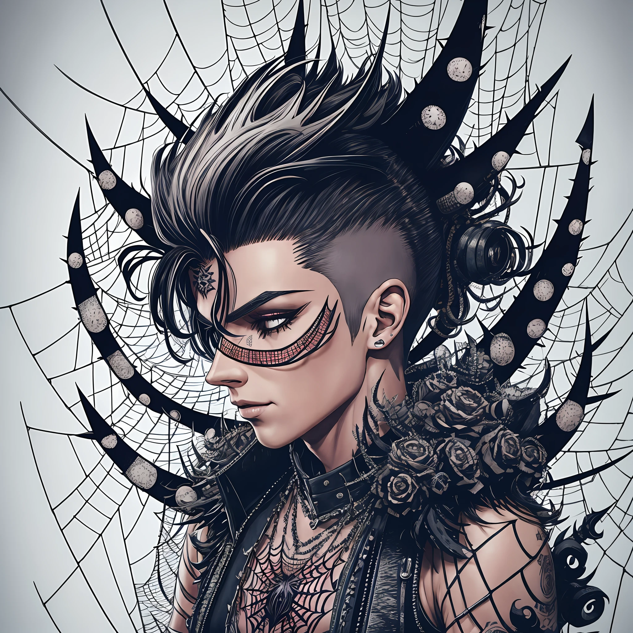 spiky hair, punk hair with spider web