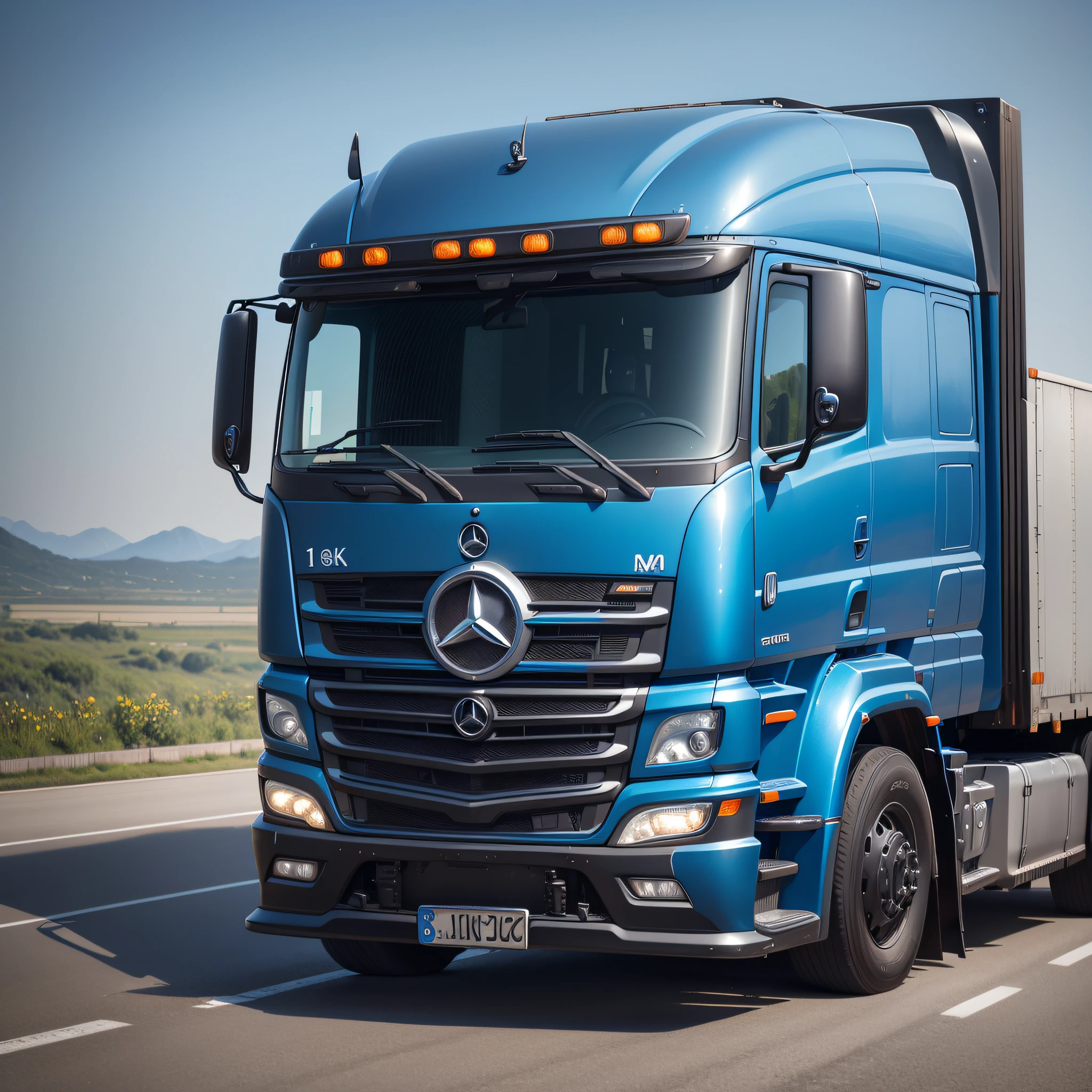 (8k, highest quality, best quality, highly detailed, realistic, cinematic) Mercedes 1620 truck with blue cab on the road --auto --s2