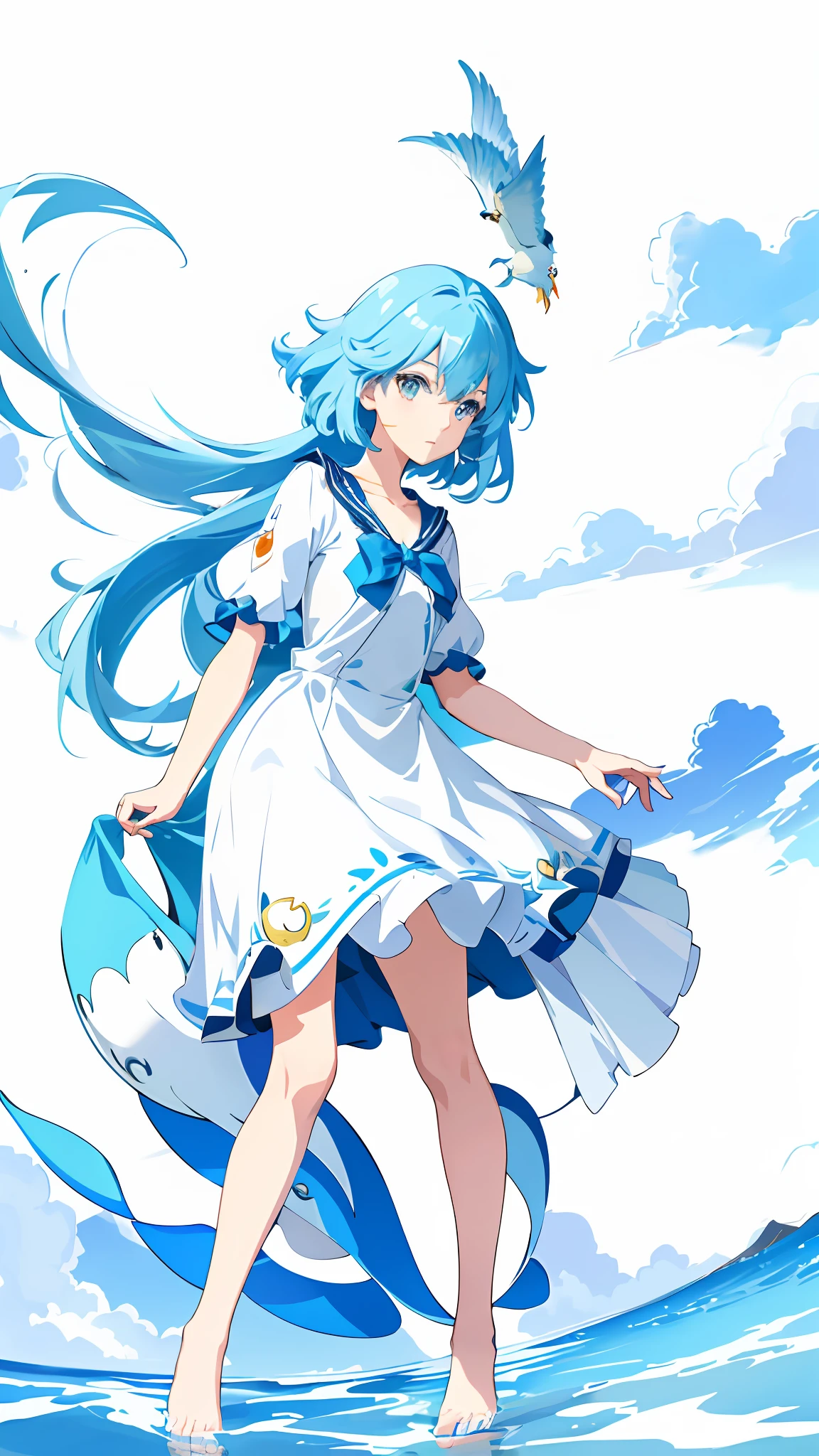 anime girl standing in the water with a bird flying in the background, cloud goddess, girl clouds, beautifull puffy clouds. anime, loli in dress, beautiful anime style, anime clouds, beautiful line art, sky witch, anime visual of a cute girl, beautiful anime girl, beautiful anime art style, beautiful anime, loish and clamp style
