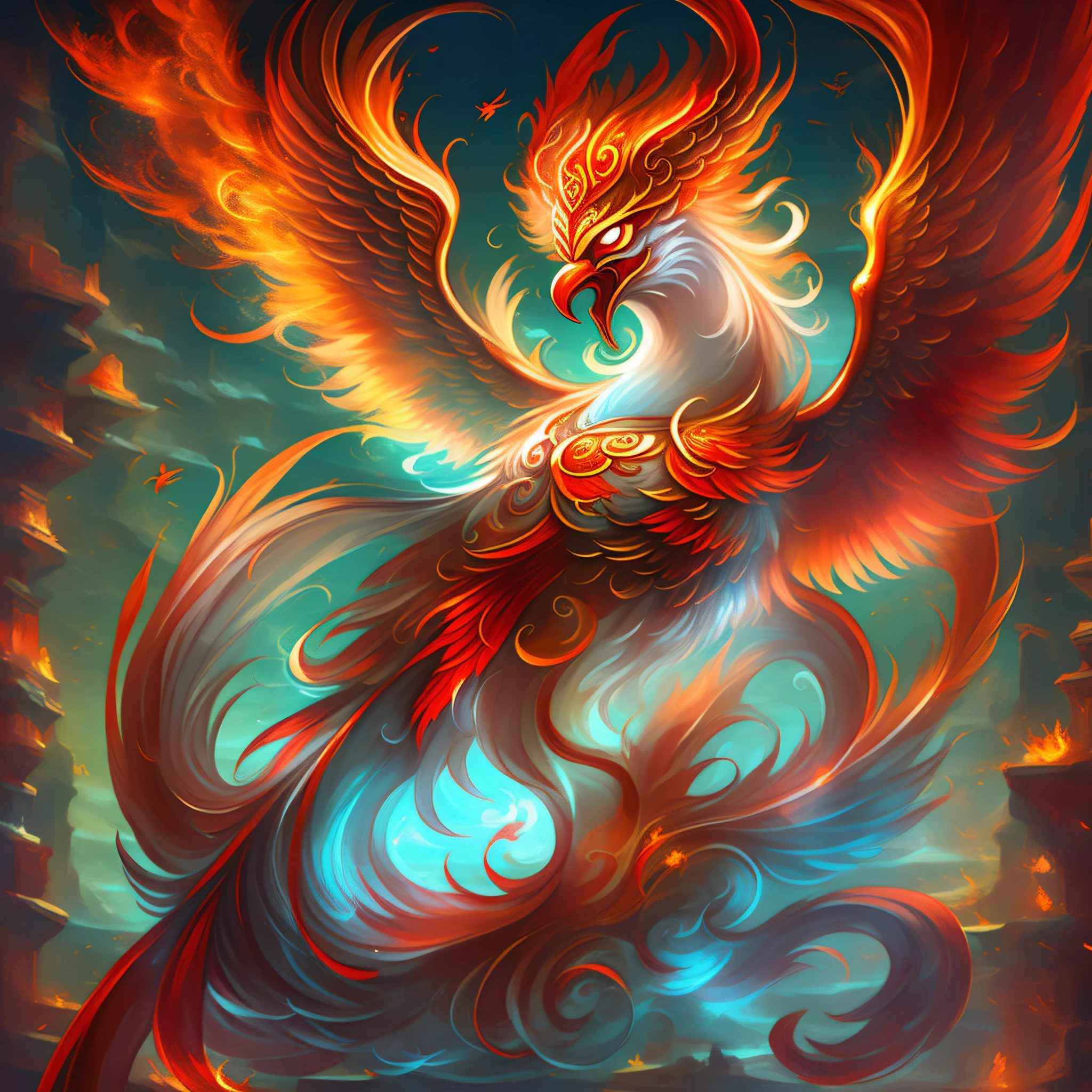 The red phoenix, which is a symbol of auspiciousness and peace, is also the embodiment of loyalty and chastity, or the embodiment of bravery and wisdom, driving the red flame endlessly, painting cutely