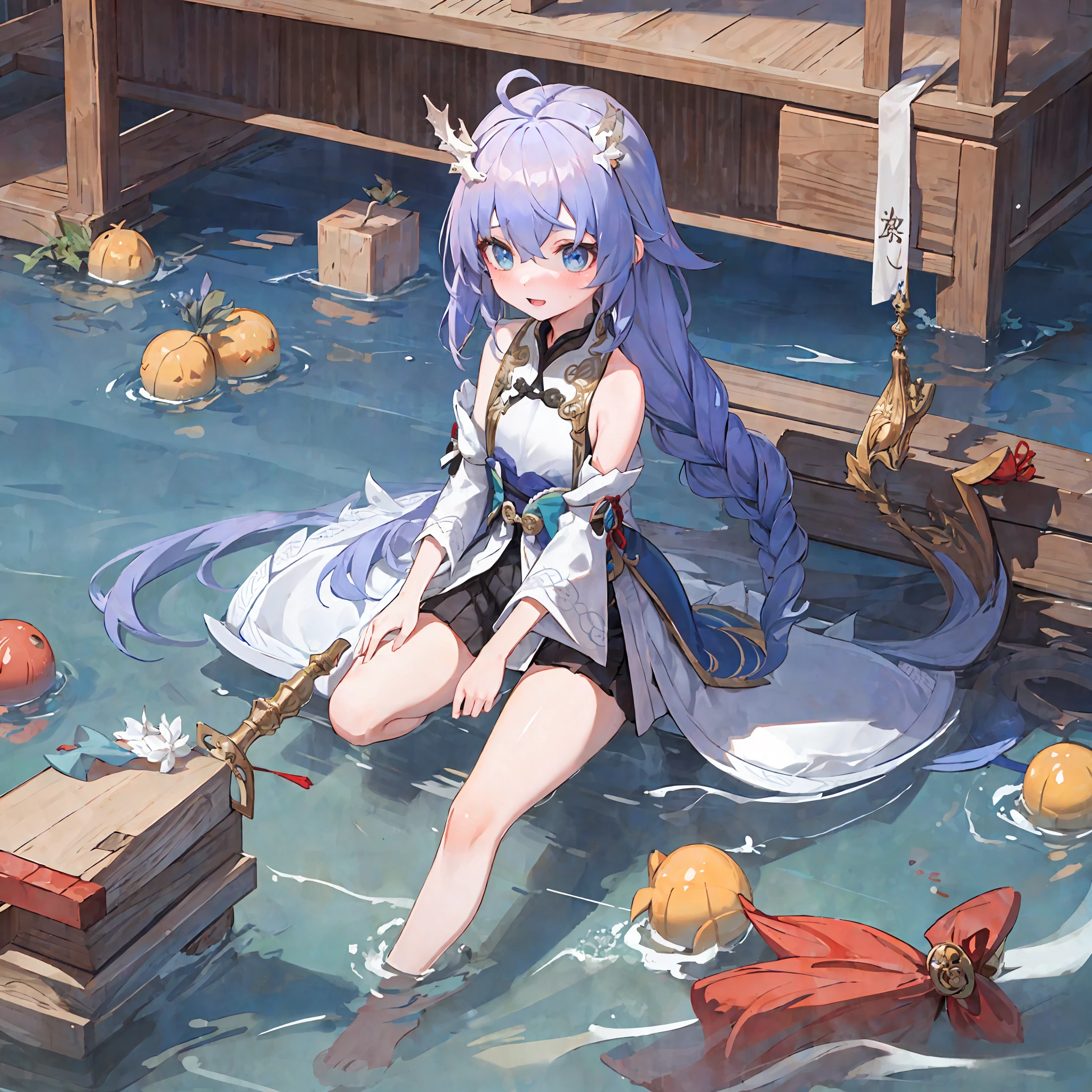 (Best Quality: 1.1), (Masterpiece: 1.1), (Illustration: 1.1), (Ultra Detail: 1.1), (Imid Shot: 0.9), 1girl, Solo, (Blush, Seductive, Sexy, Teasing: 1.6) Upper body, Short neck, Small breasts, Child (soaking in stream: 1.2), Want to cuddle, Dragon Tail, Girl, Ahoge, Blue Eyes, Jewel Eyes, Water, Fish, Ocean, (Erlongjiao: 1.3), Hanfu, Oriental Dragon,