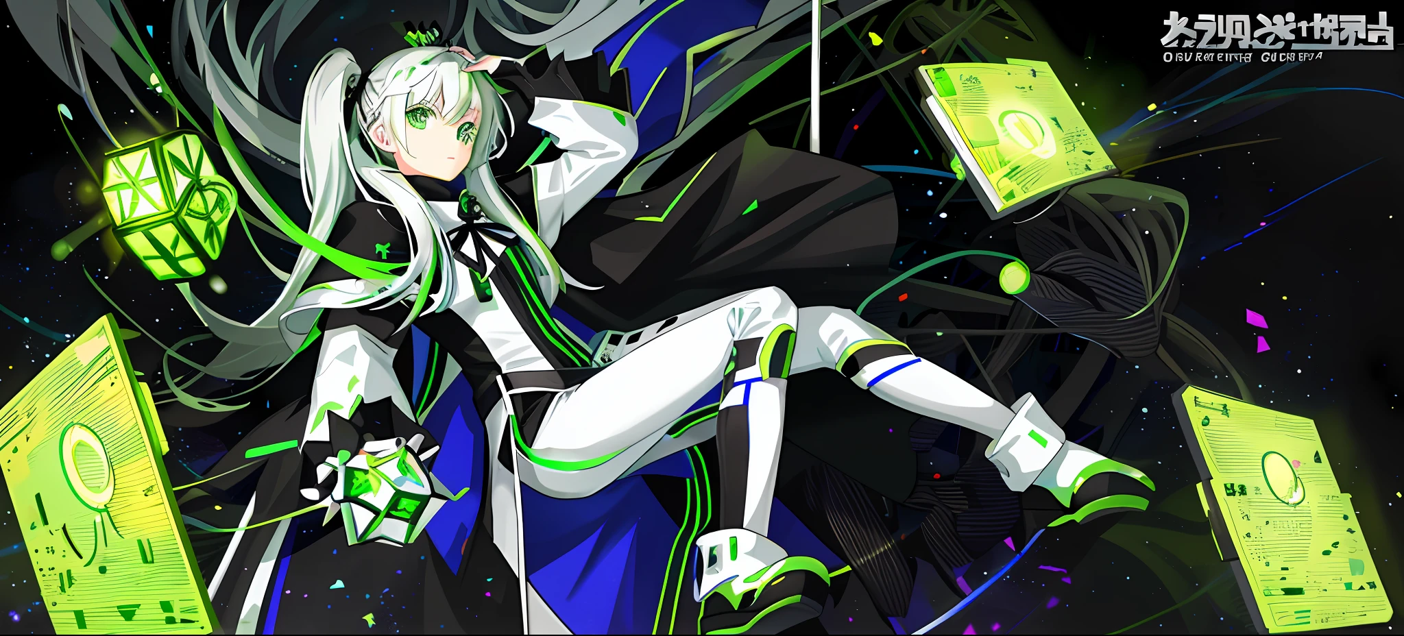 A young girl with a green Rubik's cube on her hands, long white hair, wearing a black cape with green stripes, full of science and technology,