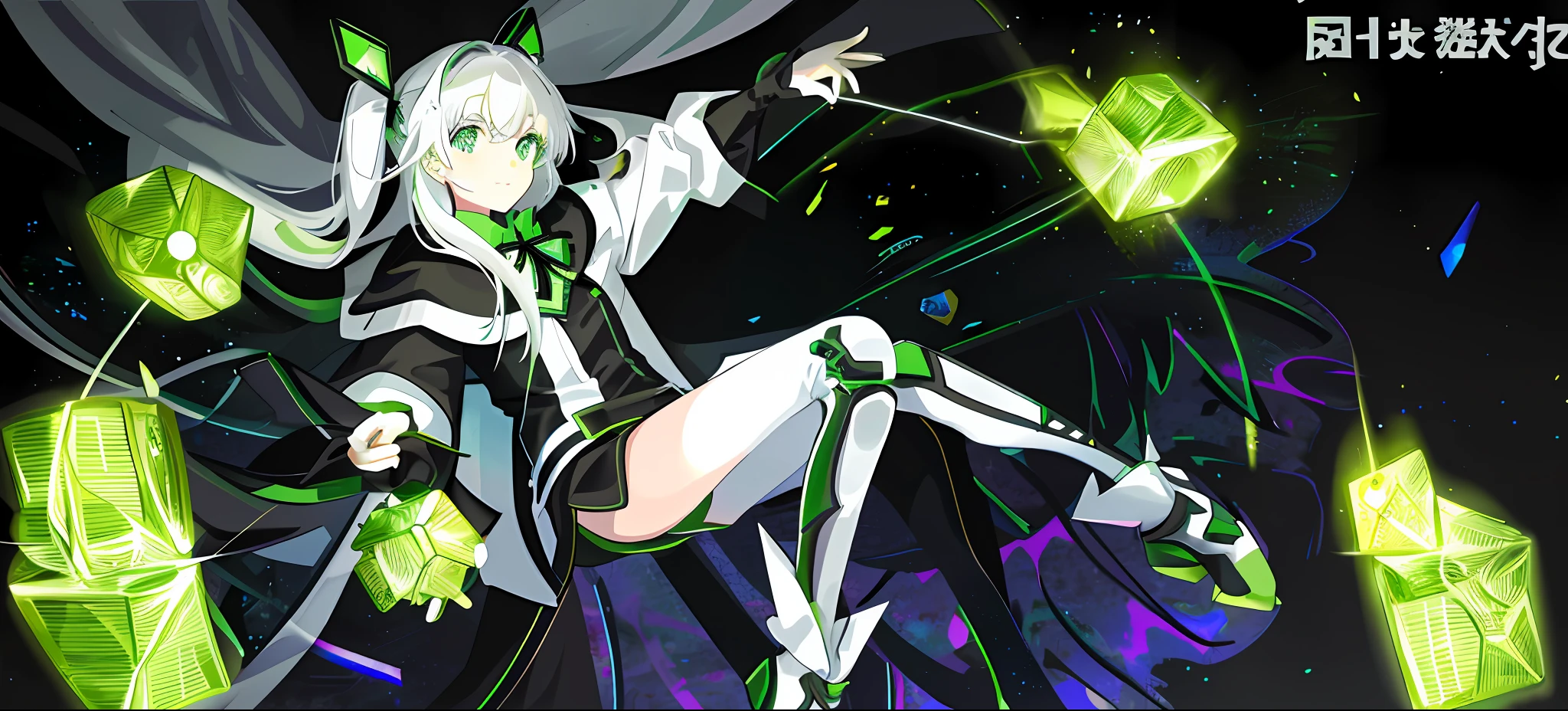 A young girl with a green Rubik's cube on her hands, long white hair, wearing a black cape with green stripes, full of science and technology,