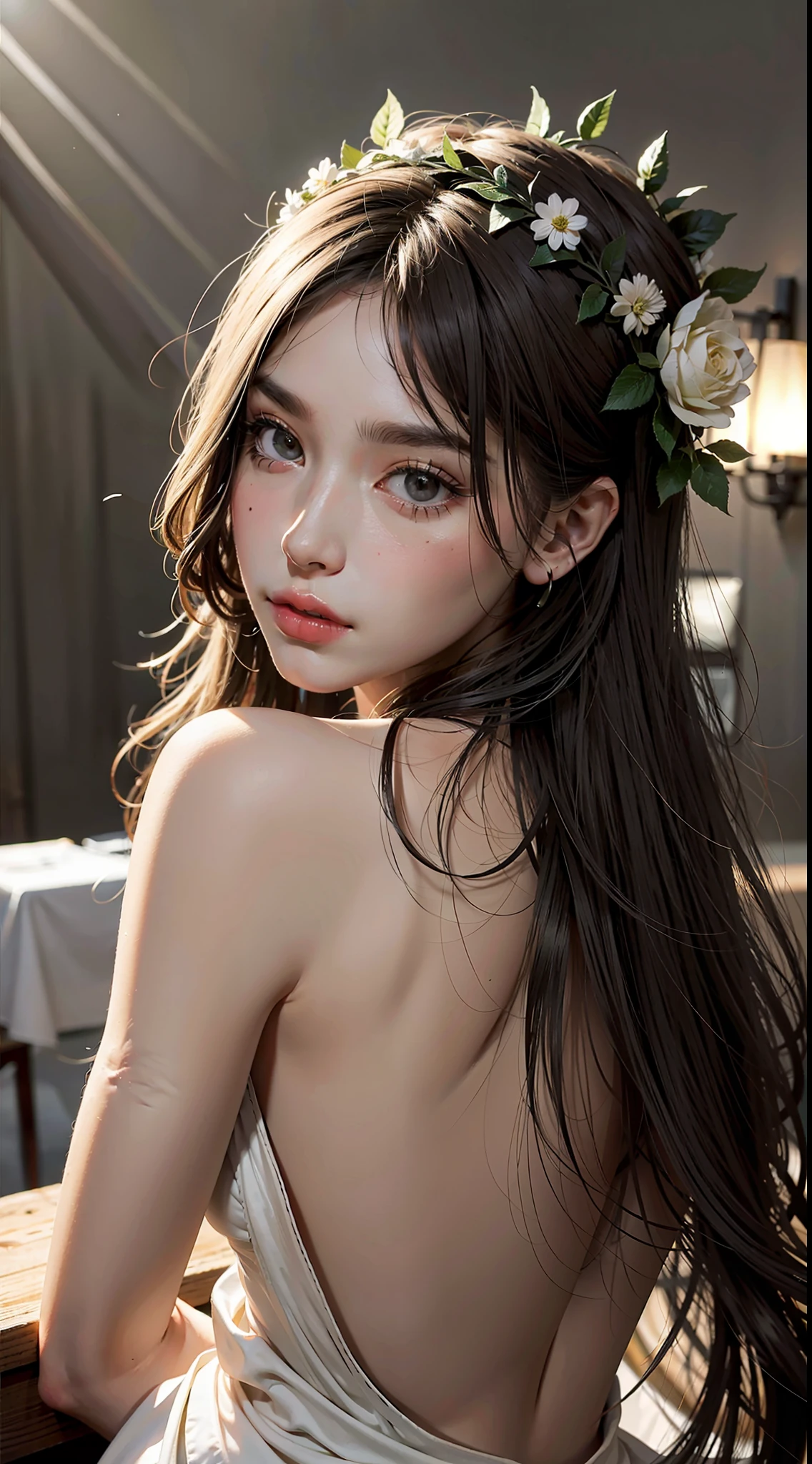 long hair, head wreath, cheek bulge, Surrealism, Ultra-Wide Angle, Sony FE GM, multiple views, UHD, masterpiece, textured skin, anatomically correct, best quality