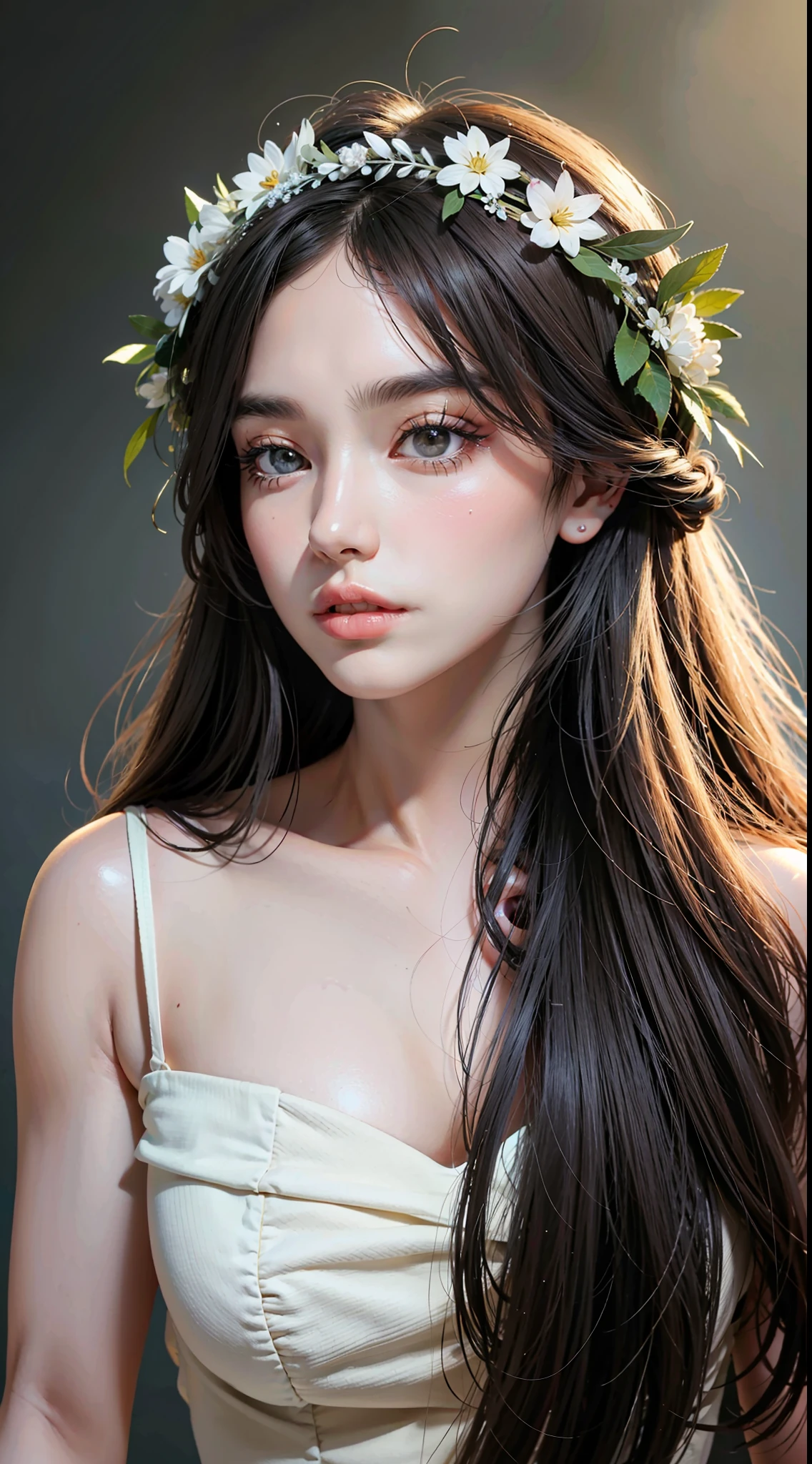 long hair, head wreath, cheek bulge, Surrealism, Ultra-Wide Angle, Sony FE GM, multiple views, UHD, masterpiece, textured skin, anatomically correct, best quality